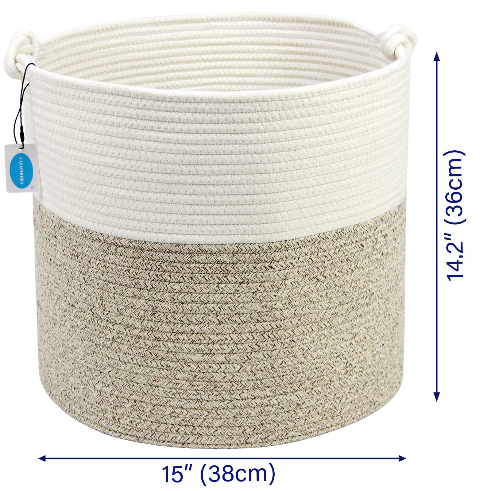 Casaphoria Natural Woven Cotton Rope Storage Basket for Organizing Towels Blanket Laundry Baskets for Bathroom Tall Laundry Basket for Bedroom Bicolor Round Woven Hampe with Handles for Living Room
