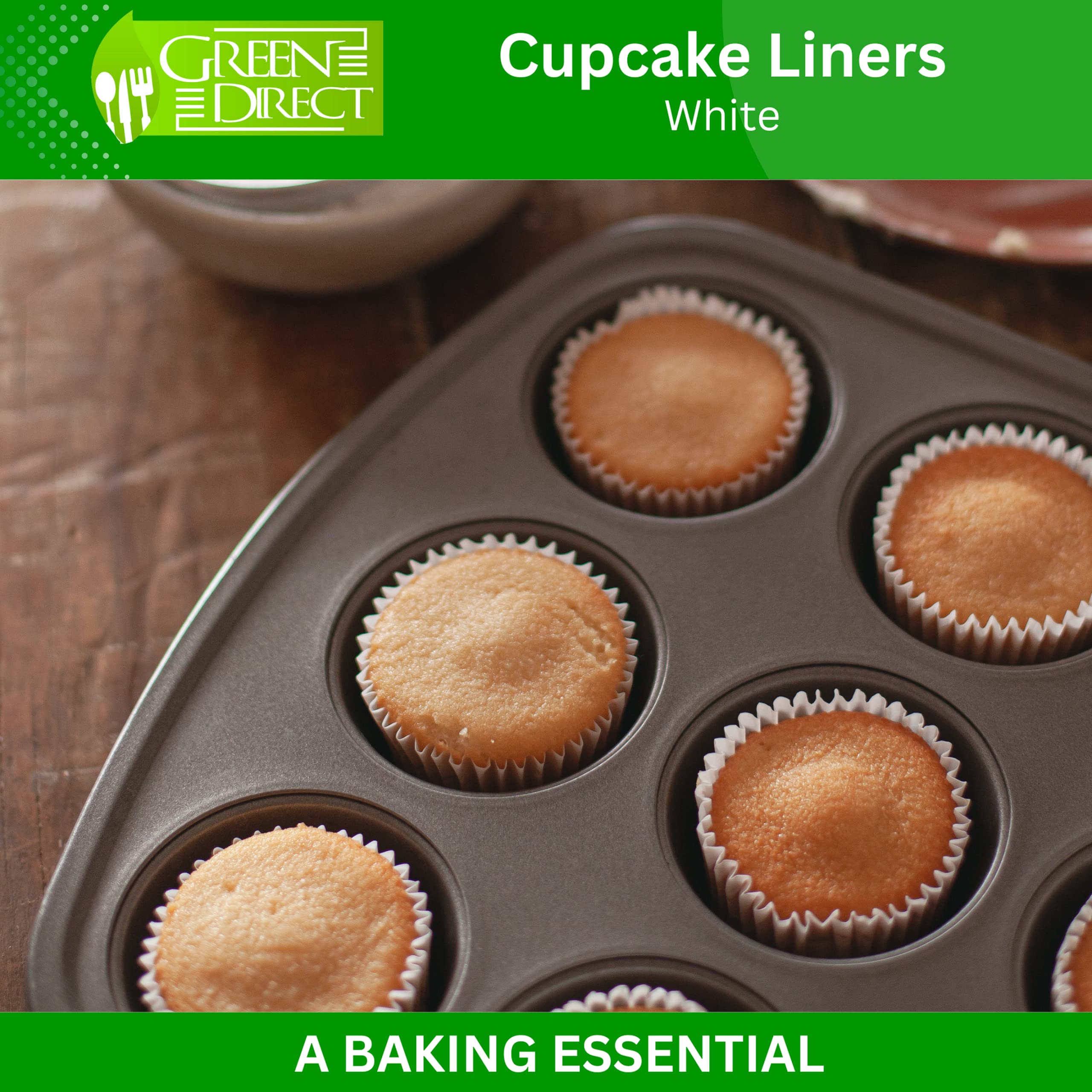 Green Direct Cupcake Liners - Standard Size Cupcake Wrappers To Use For Pans Or Carrier Or On Stand - White Paper Baking Cups Pa