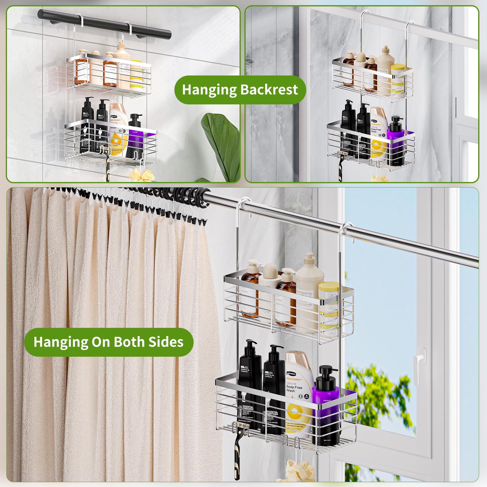 Shanshui Shower Hanging Caddy, Double Bathroom Shower Organizer Basket, Shampoo Bracket, Over Door Shower Rack With Hooks, 304 S