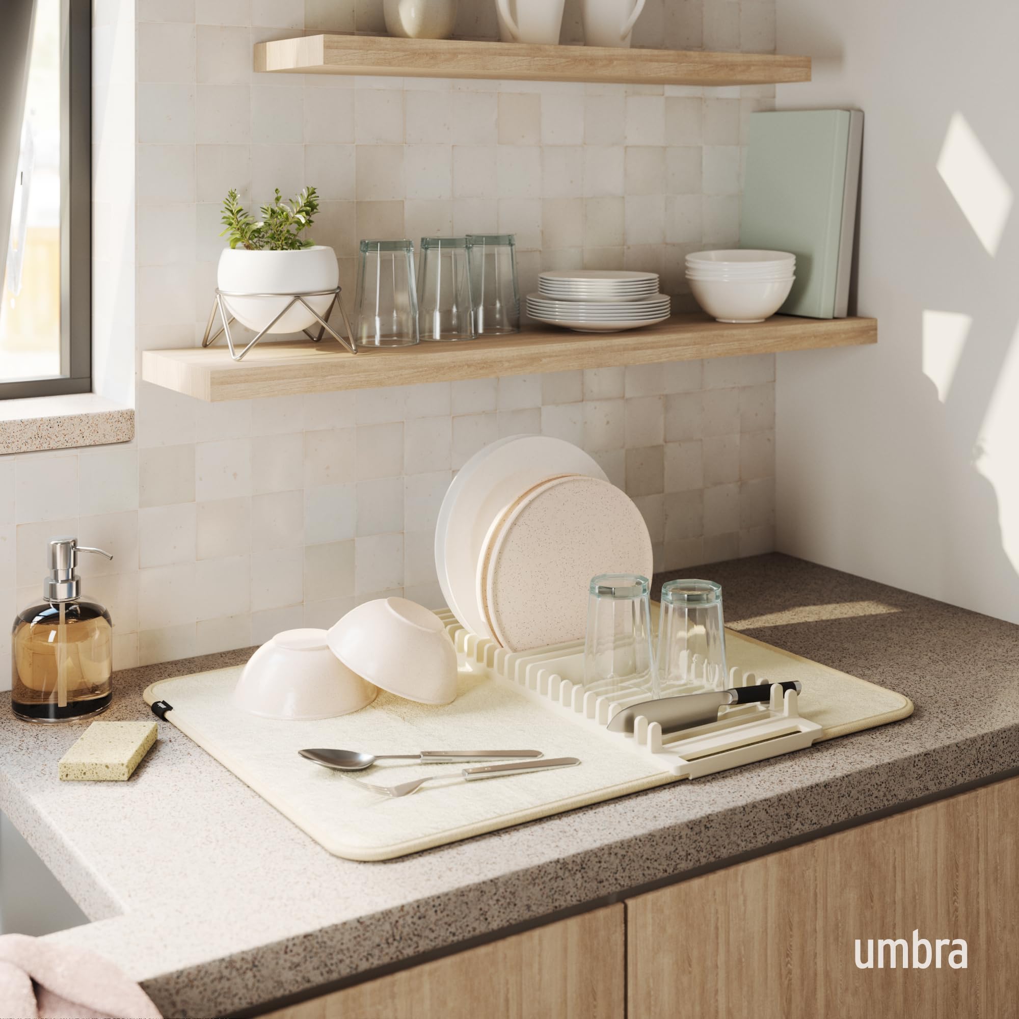 Umbra Udry Dish Rack & Microfiber Drying Mat, Space-Saving, 18"x24", Linen, Model 330720-354, Plastic