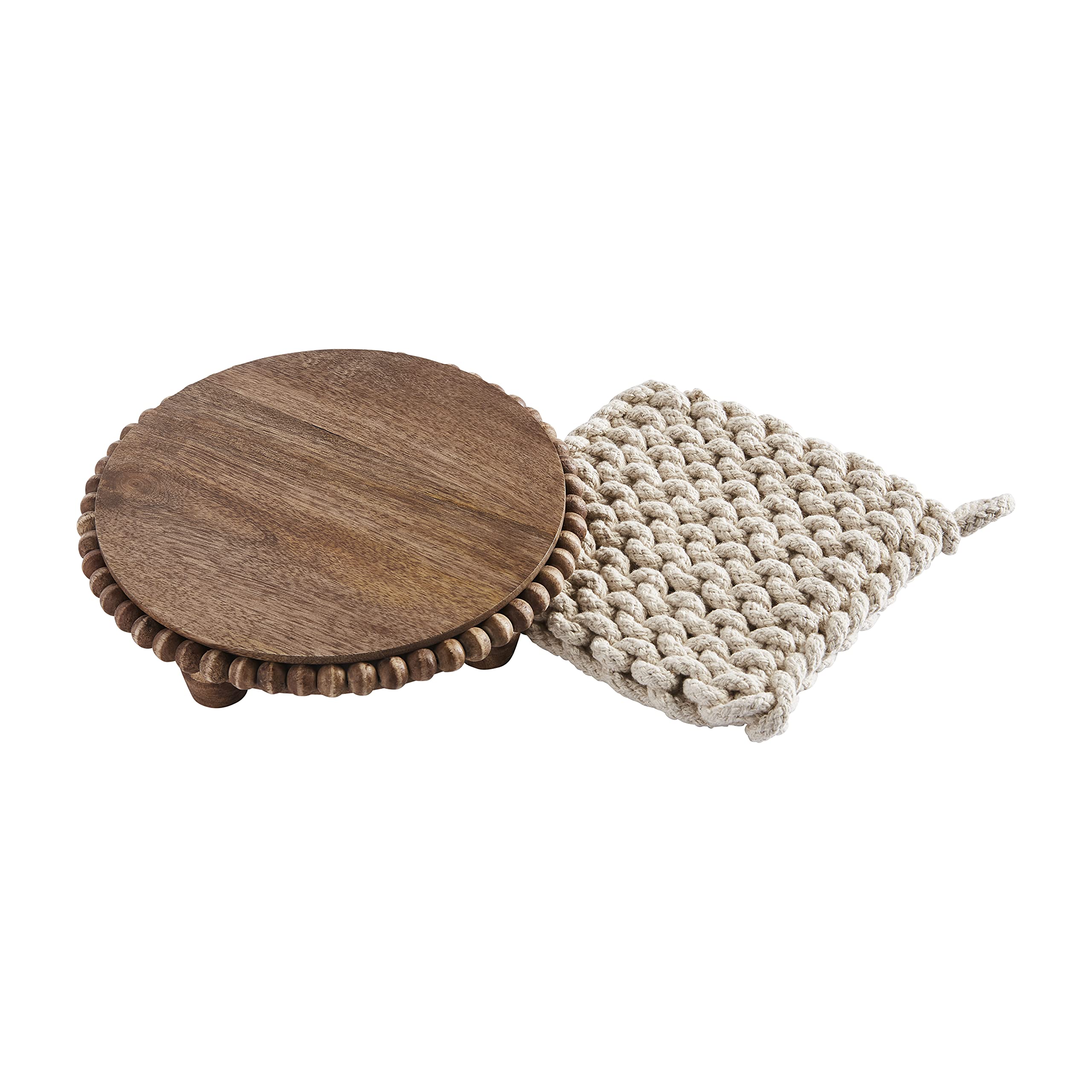 Mud Pie Brown 8'' Dia 7'' X 7'' Beaded Trivet & Crochet Pot Holder Set