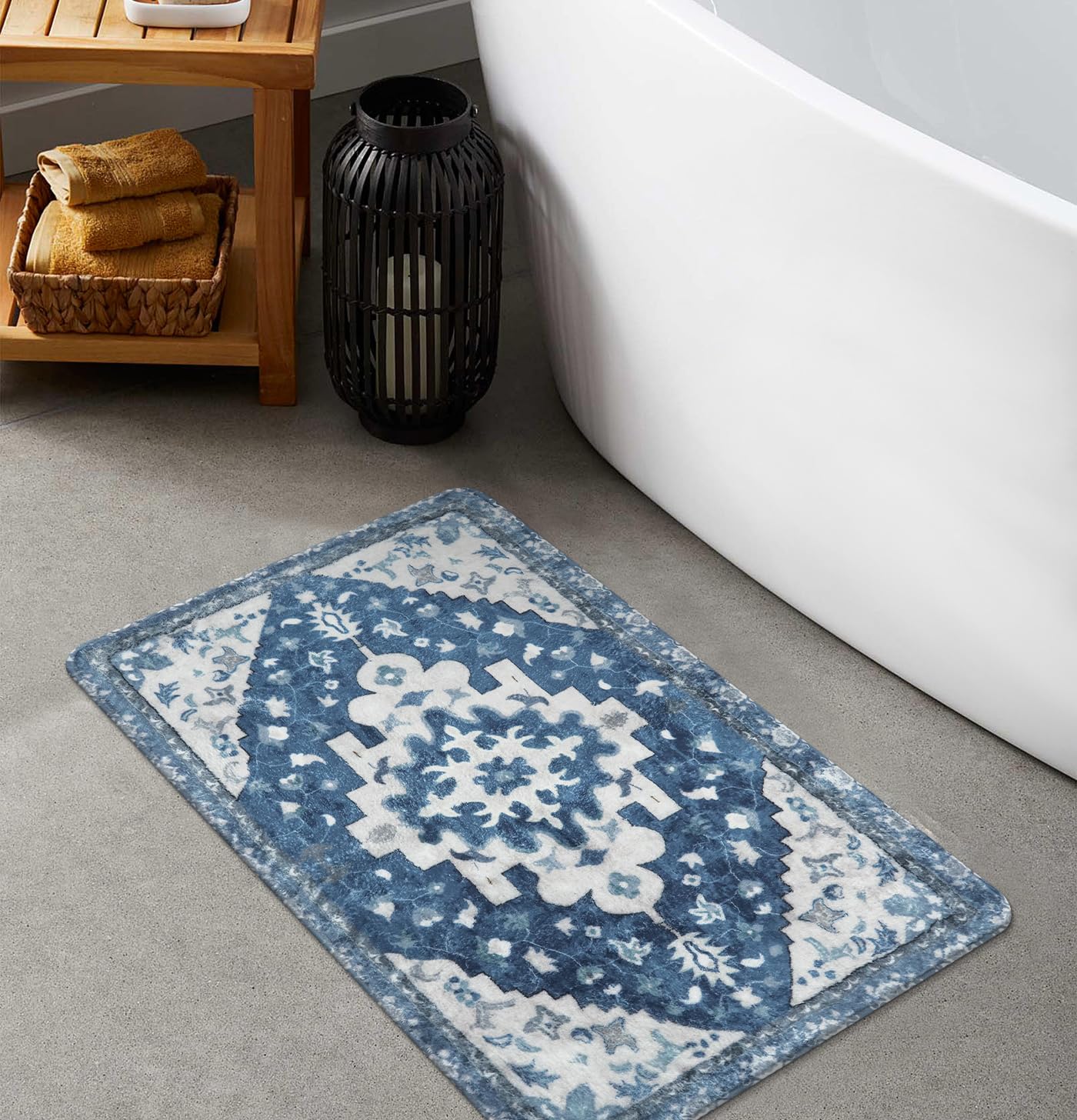 Uphome Vintage Bathroom Rug Blue Boho Non-Slip Bathroom Mat Oriental Soft Machine Washable Bath Rugs Cute Tribal Floral Floor Ma