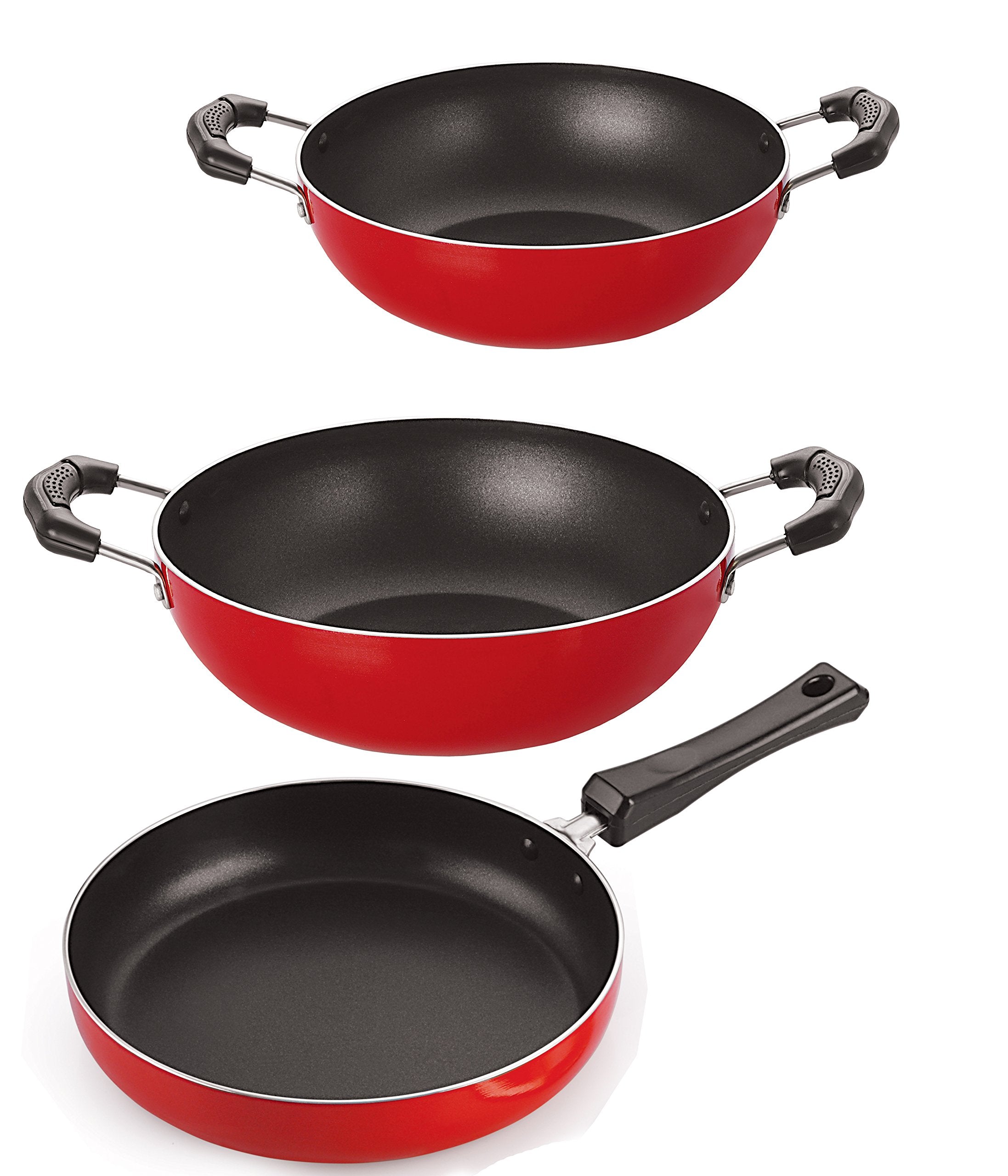 Nirlon NonStick Frying Pan And Kadai Combo Set Without Stainless Steel Lid , 2.6Mm_Fp10_Kd10_Kd11