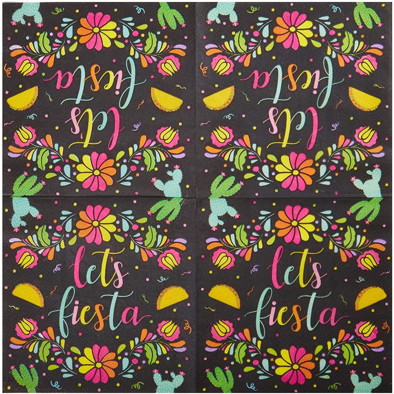 Sparkle And Bash 100 Pack Let'S Fiesta Party Napkins For Kids Birthday, Cinco De Mayo Decorations (Black, 6.5 Inches)