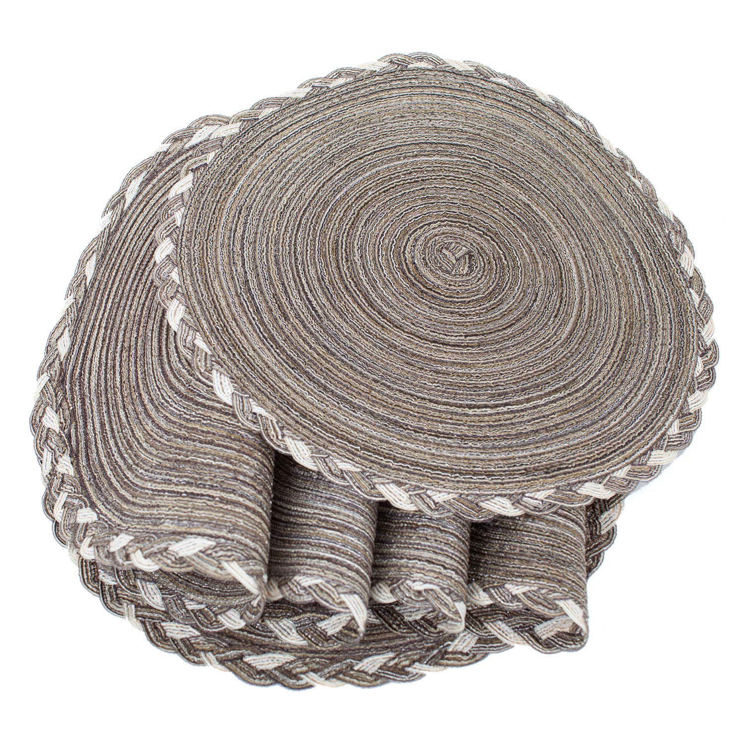 Shacos Round Placemats Set Of 4 Braided Glitter Round Table Placemats 15 Inch For Wedding Holiday Party (Multicolor-Light Coffee