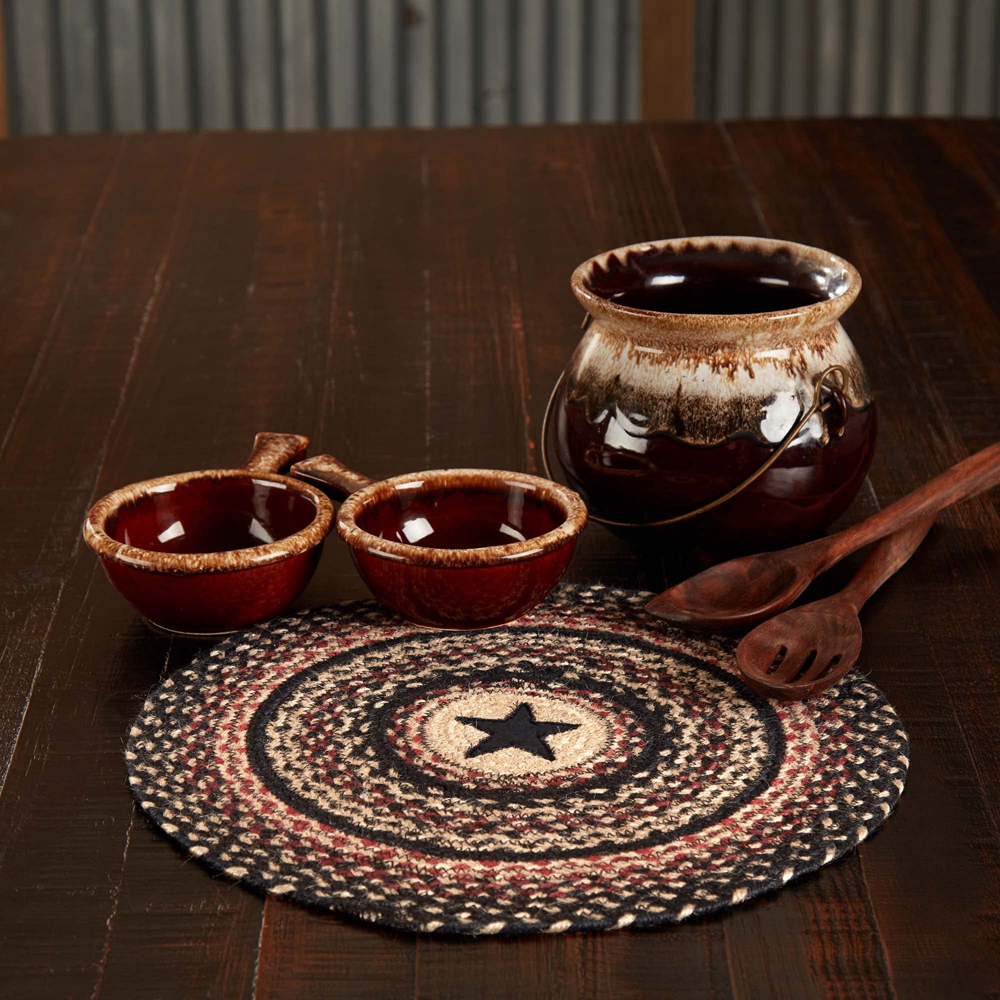Vhc Brands Colonial Star Trivet Hot Pad For Pots Pans, Tan Black Red, Jute Blend, Round Circle, 15 Inches
