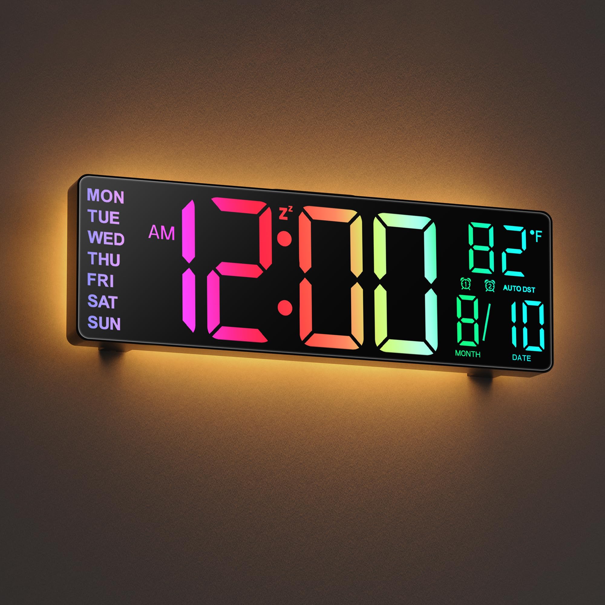 Jall 10.5 Large Digital Wall Clock With Remote Control, Dual Alarm With Big Led Screen Dispaly, 8 Rgb Colors, Auto Dst, Temper