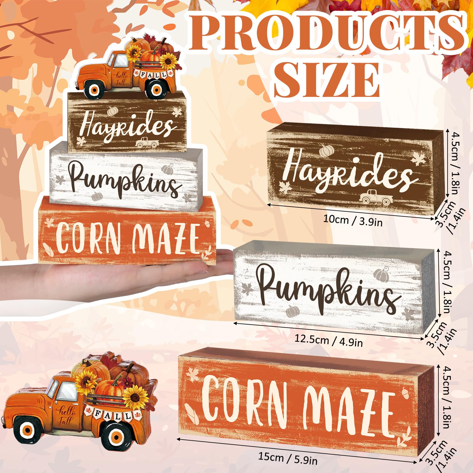 4 Pcs Fall Thanksgiving Decor for Home Truck Pumpkin Wooden Signs with Sayings Autumn Thanksgiving Tiered Tray Decor Fall Hay Ri