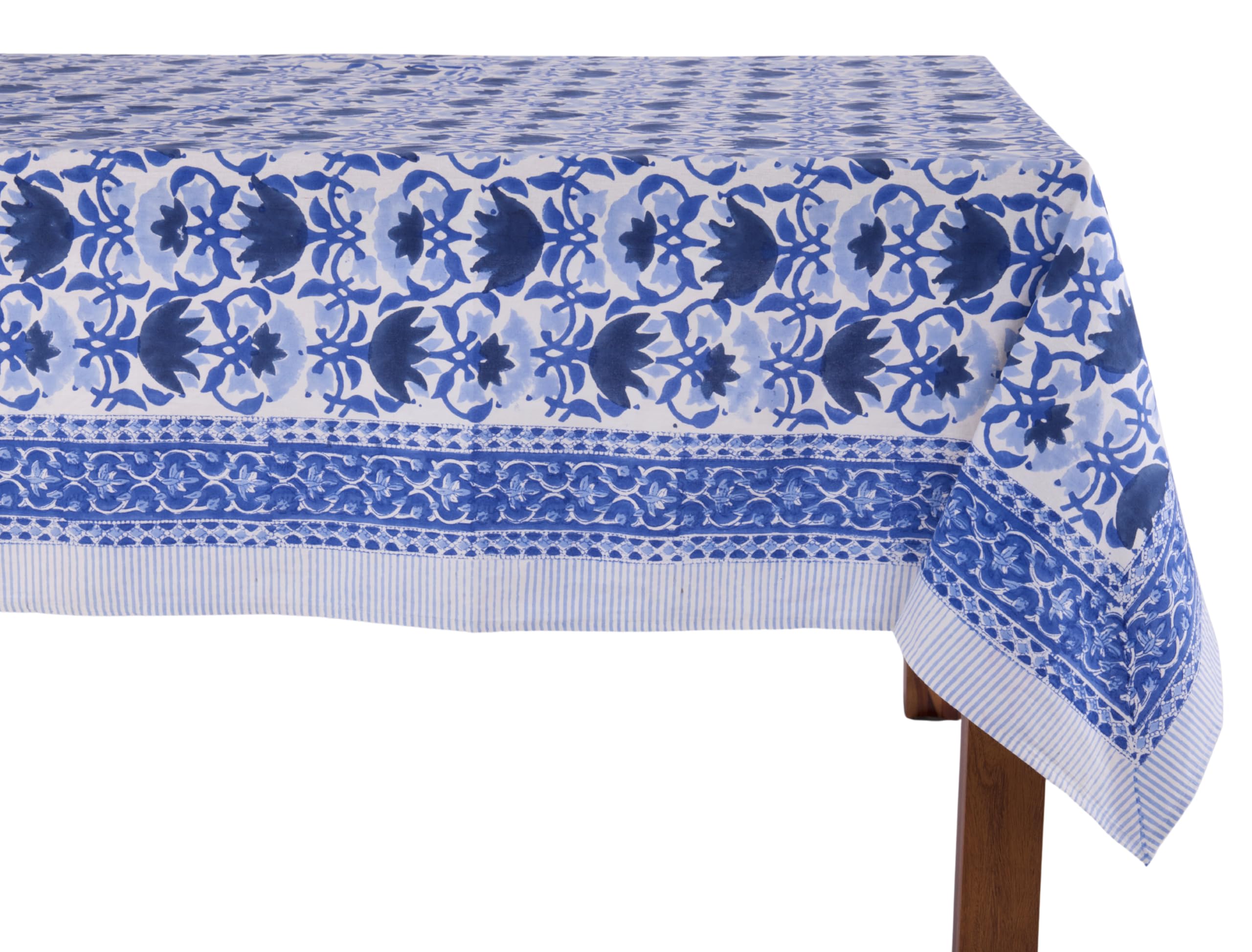 ATOSII Positano Blue 100% Cotton Rectangle Fall Tablecloth, Handblock Floral Linen Table Cloth for Kitchen Dining Table I Partie