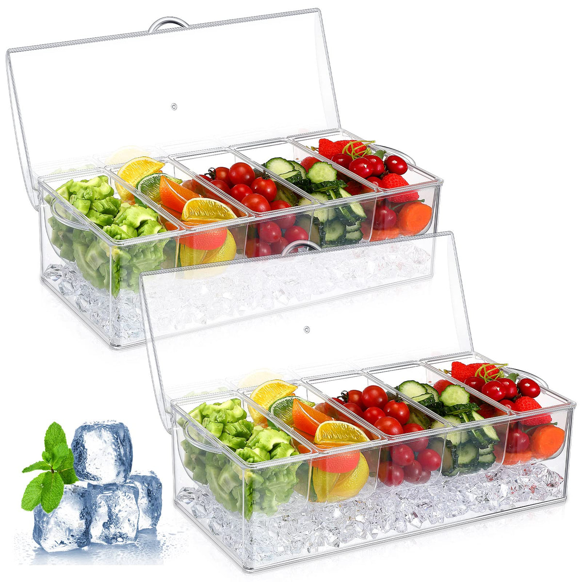 2 Pieces 5 Condiment Tray Server Ice Chilled Compartment Container Organizer With Hinged Lid Cooled Condiment Tray With Removabl