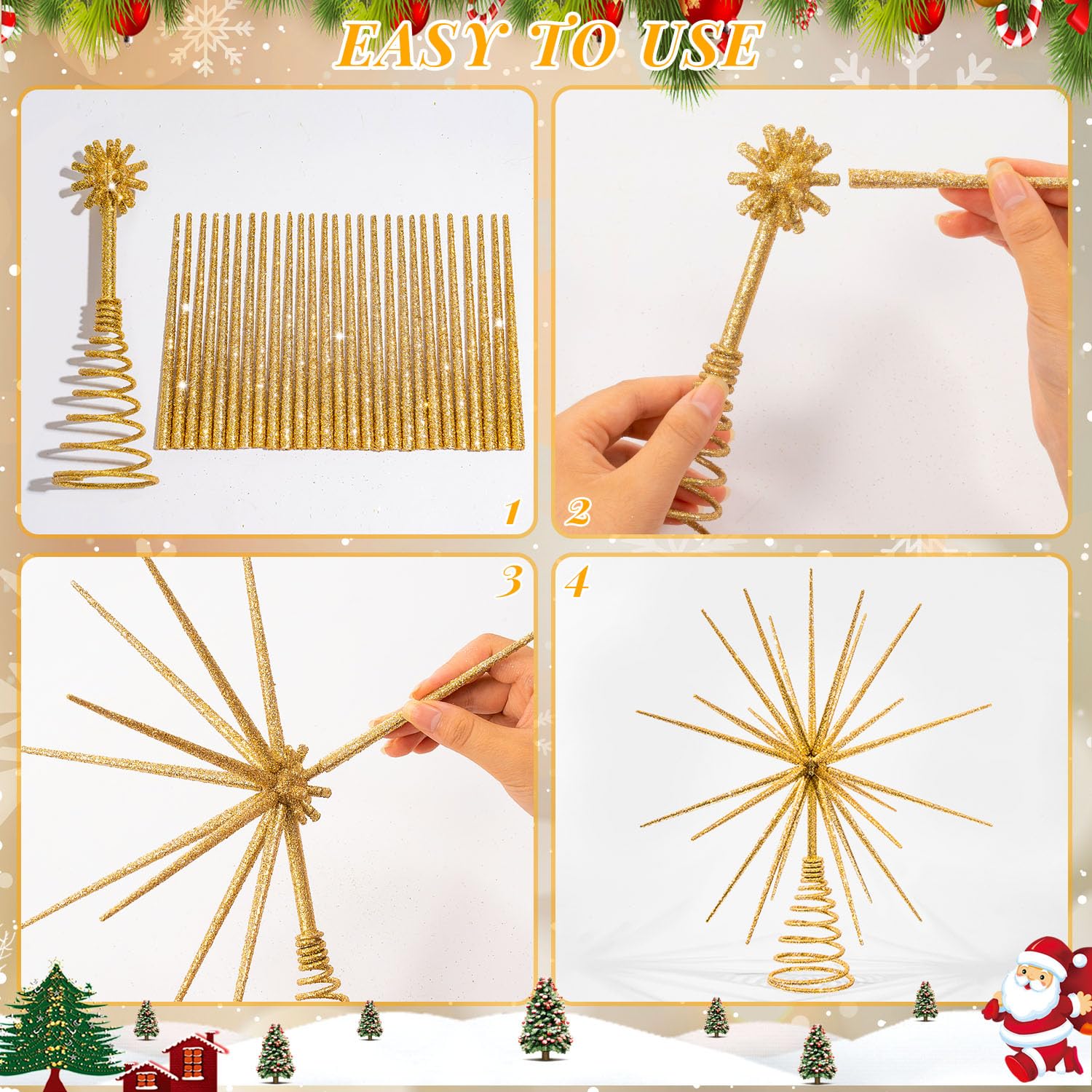 13.7 Inch Gold Christmas Tree Topper - 3D Burst Gold Tree Topper, Exploding Star Christmas Tree New Year Holiday Tree Decoration
