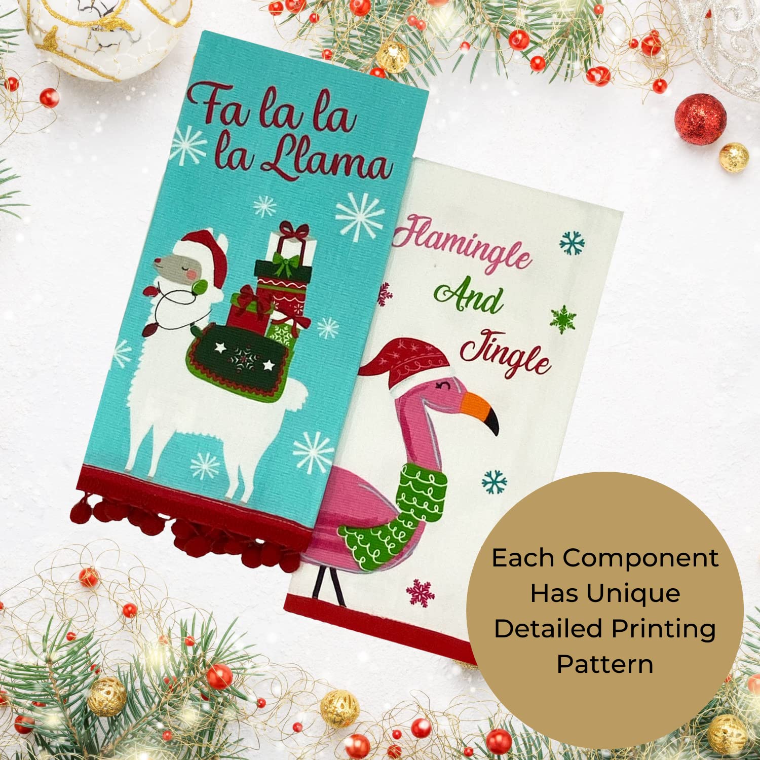 Elrene Home Fashions Pom Jingle Cotton Christmas Holiday Kitchen Dish Hand Towels, Set Of 2, 16 In X 26 In, Fa La Llama & Flamin