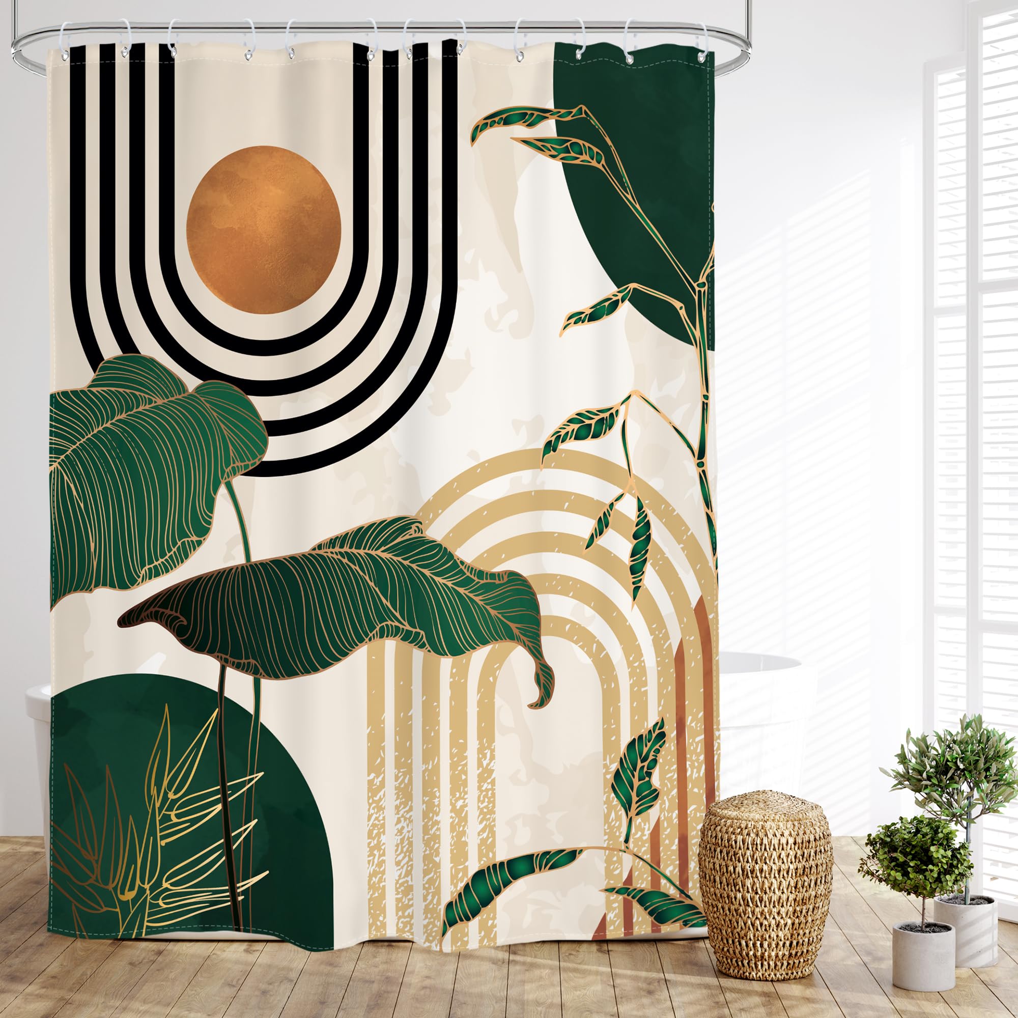 Glawry Boho Blue Green Shower Curtain Mid Century Abstract Tropical Palm Leaf Modern Minimalist Plant Botanical Bathroom Geometr
