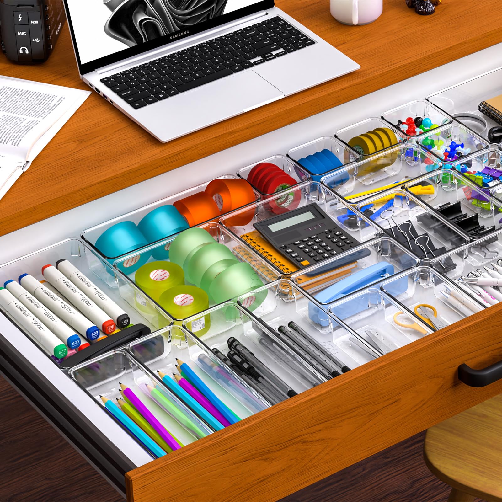 Yieach 25 Pcs Drawer Organizer Set,4 Sizes Clear Plastic Organization and Storage,Clear Kitchen Drawer Organizer and Vanity Orga