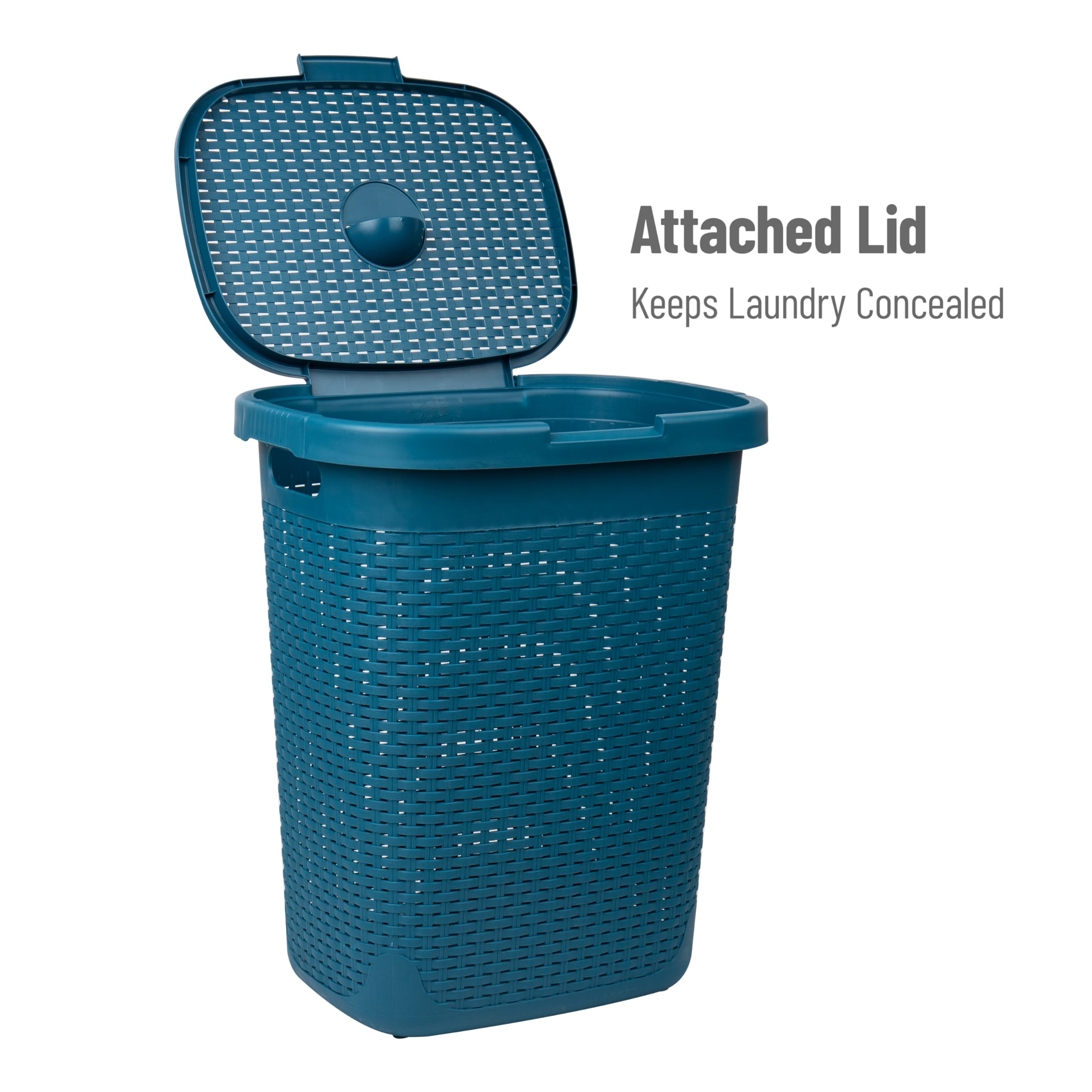 Mind Reader 50L Slim Laundry Hamper, Clothes Basket, Lid, Wicker Design, Plastic, 17.65''L X 13.75''W X 21''H, Blue