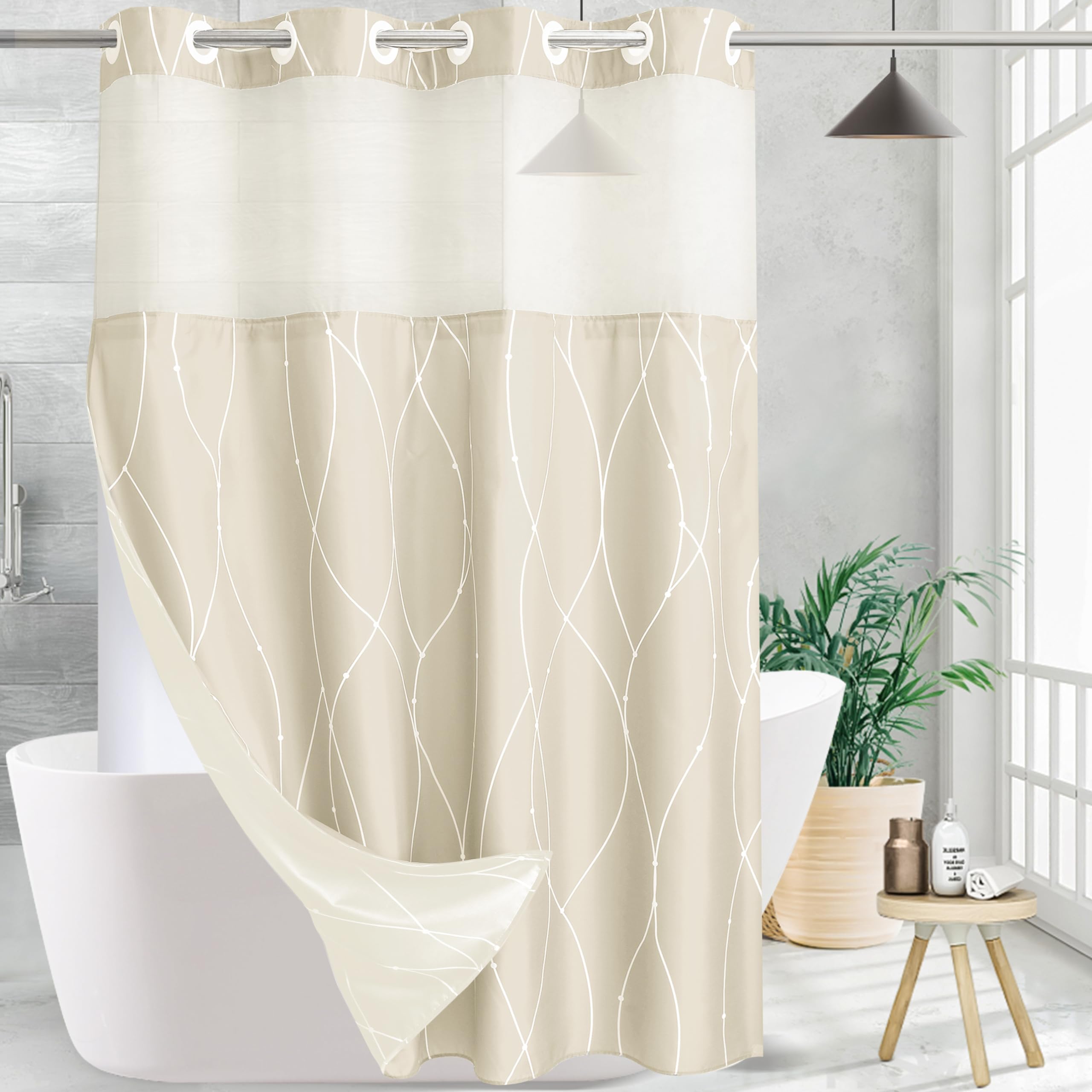 Konzent Beige White Striped Fabric Shower Curtain With Snap In Liner For Bathroom Bathtubs,Hotel Shower Curtain And Liner Set Wi