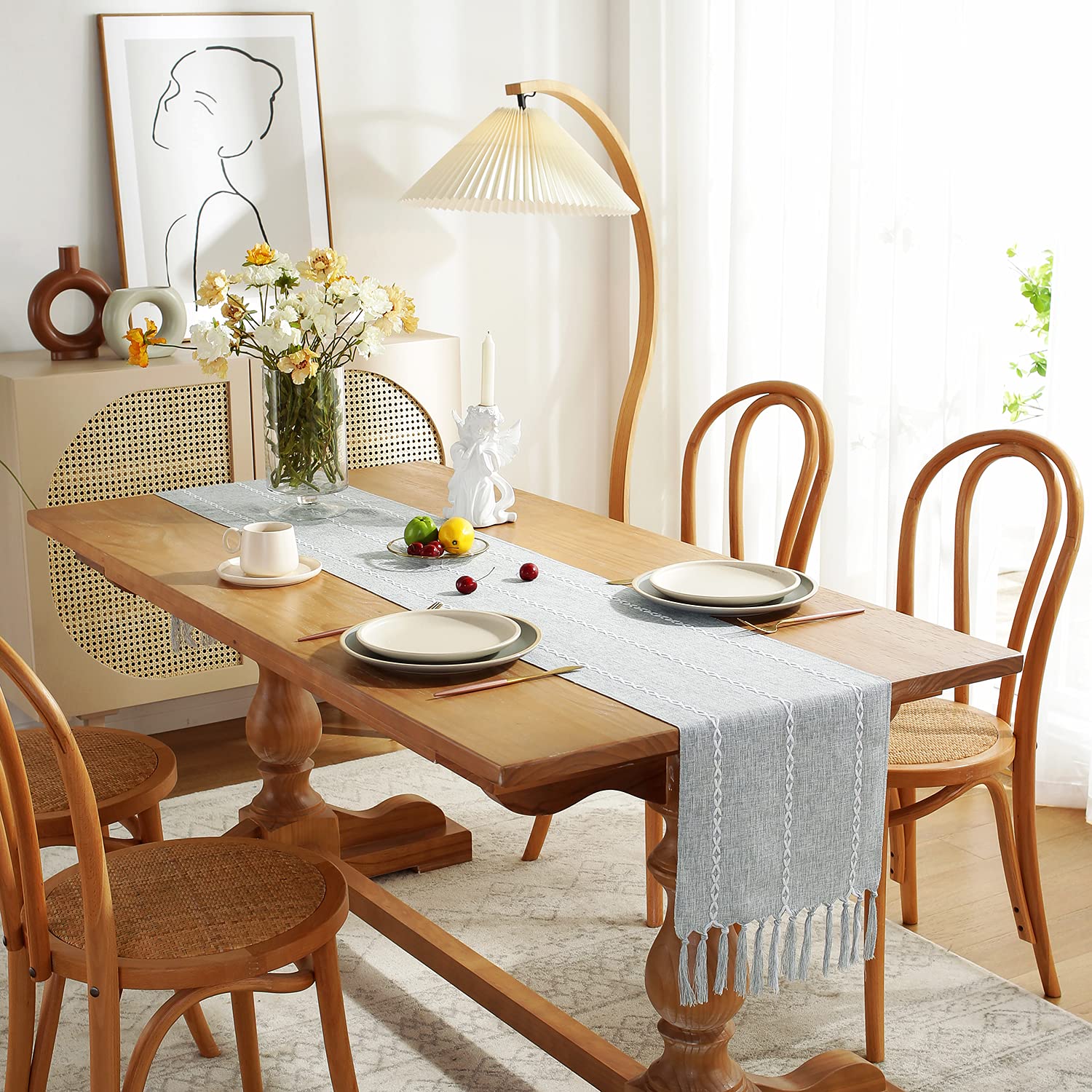 Rustic Farmhouse Style Linen Table Runner, Boho Handmade Tassel Embroidery Table Runners 60 Inches Long For Holiday Party, Dress