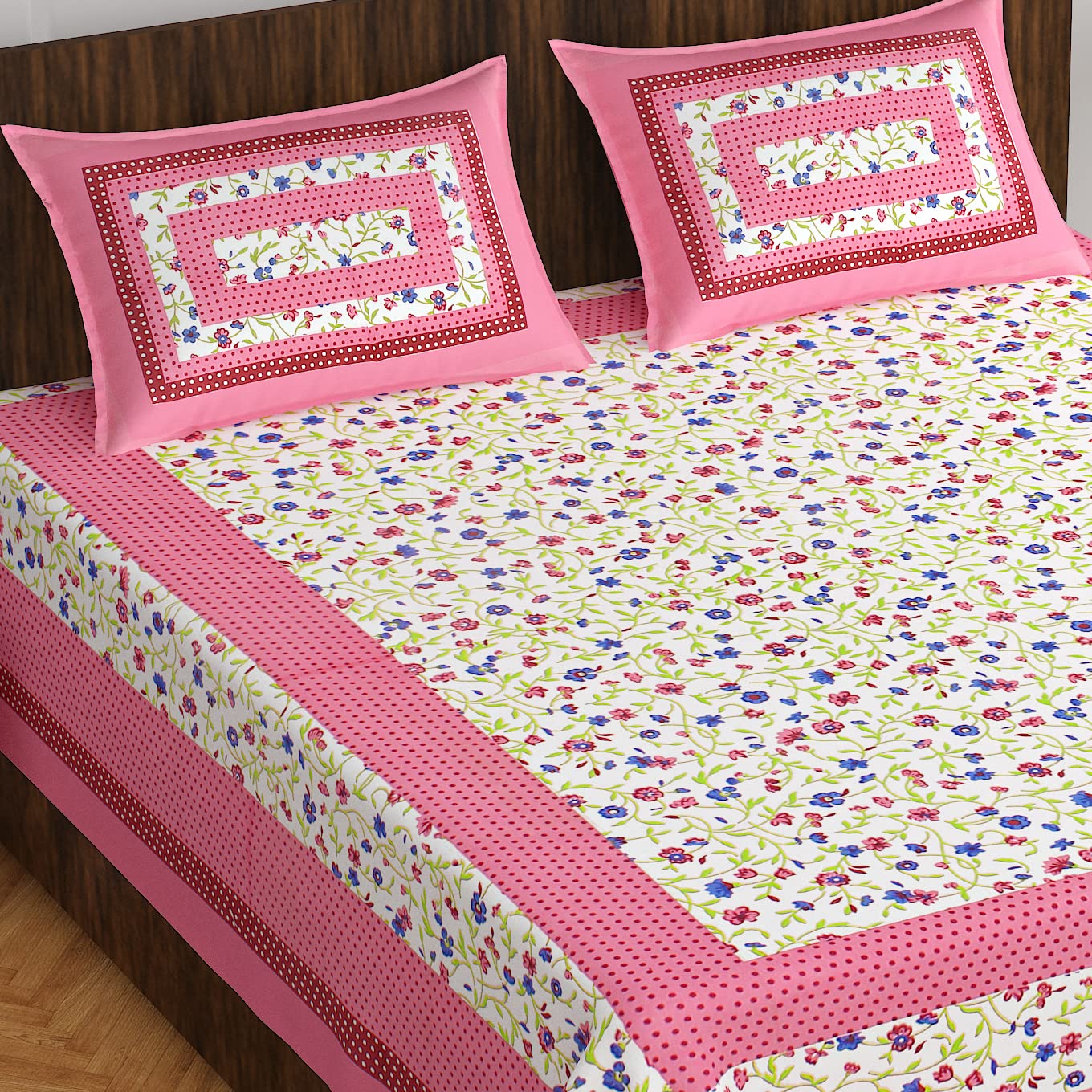 100% Cotton Double Bedsheet For Double Bed King Size Traditional Jaipuri Bedsheet With 2 Pillow Covers - Multi172