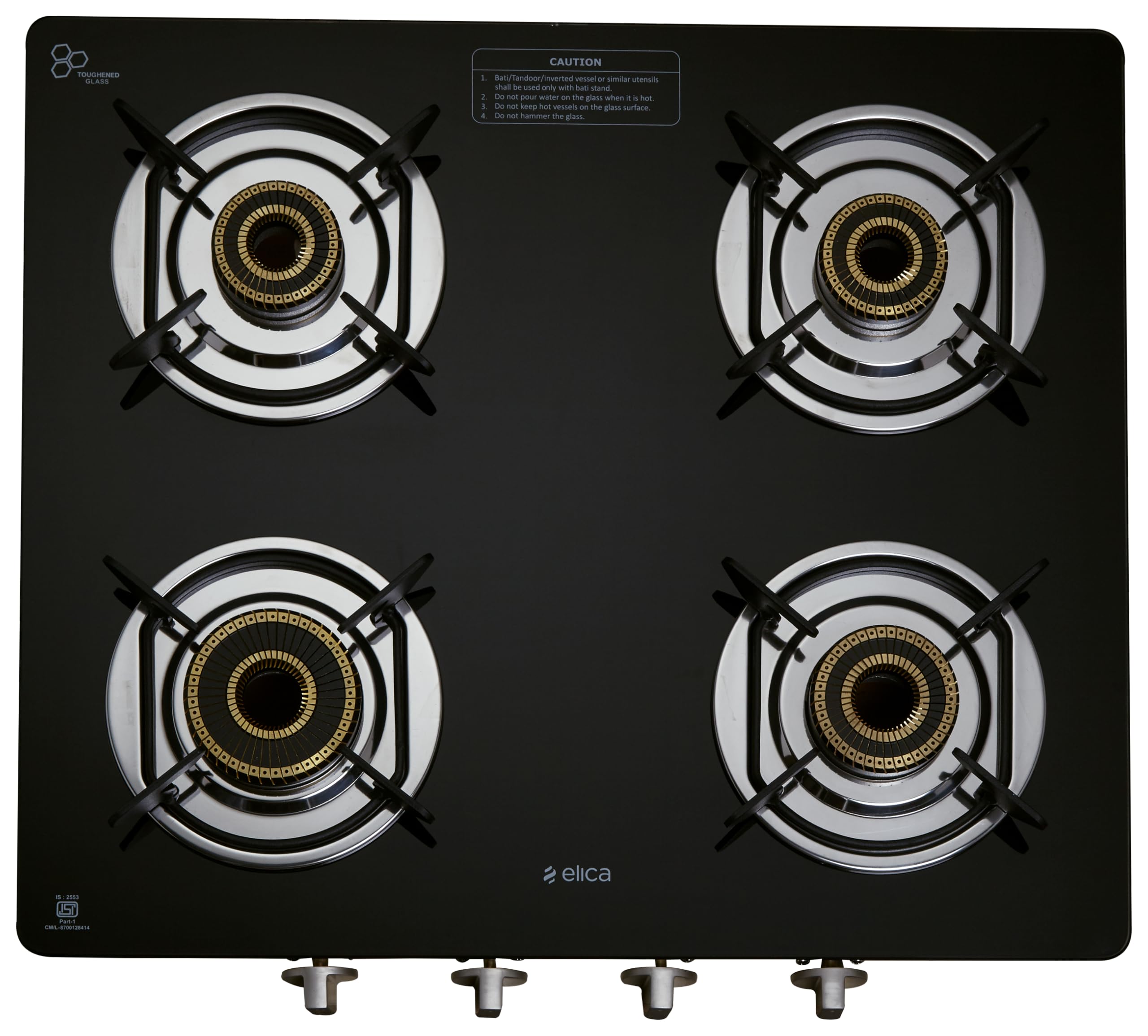 Elica 60Cm 4 Burner Gas Stove | Sapphire 594 Ct Vetro 1J (Dt Series) | Double Drip Tray | Toughened Glass Top | High Efficiency 