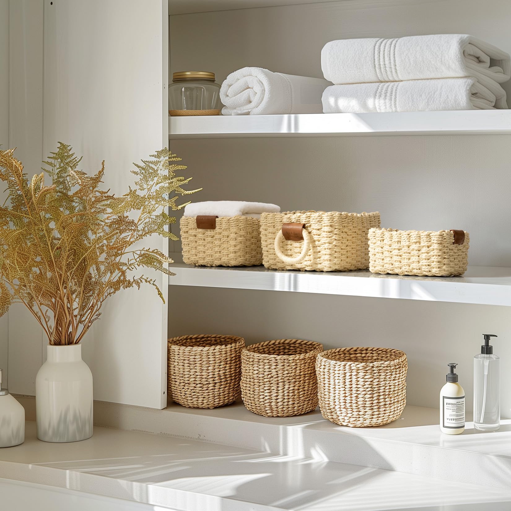 La Jolie Maison Small Beige Wicker Baskets Set Of 3, Paper Rope Storage Baskets With Handle, Small Woven Baskets For Organizing,
