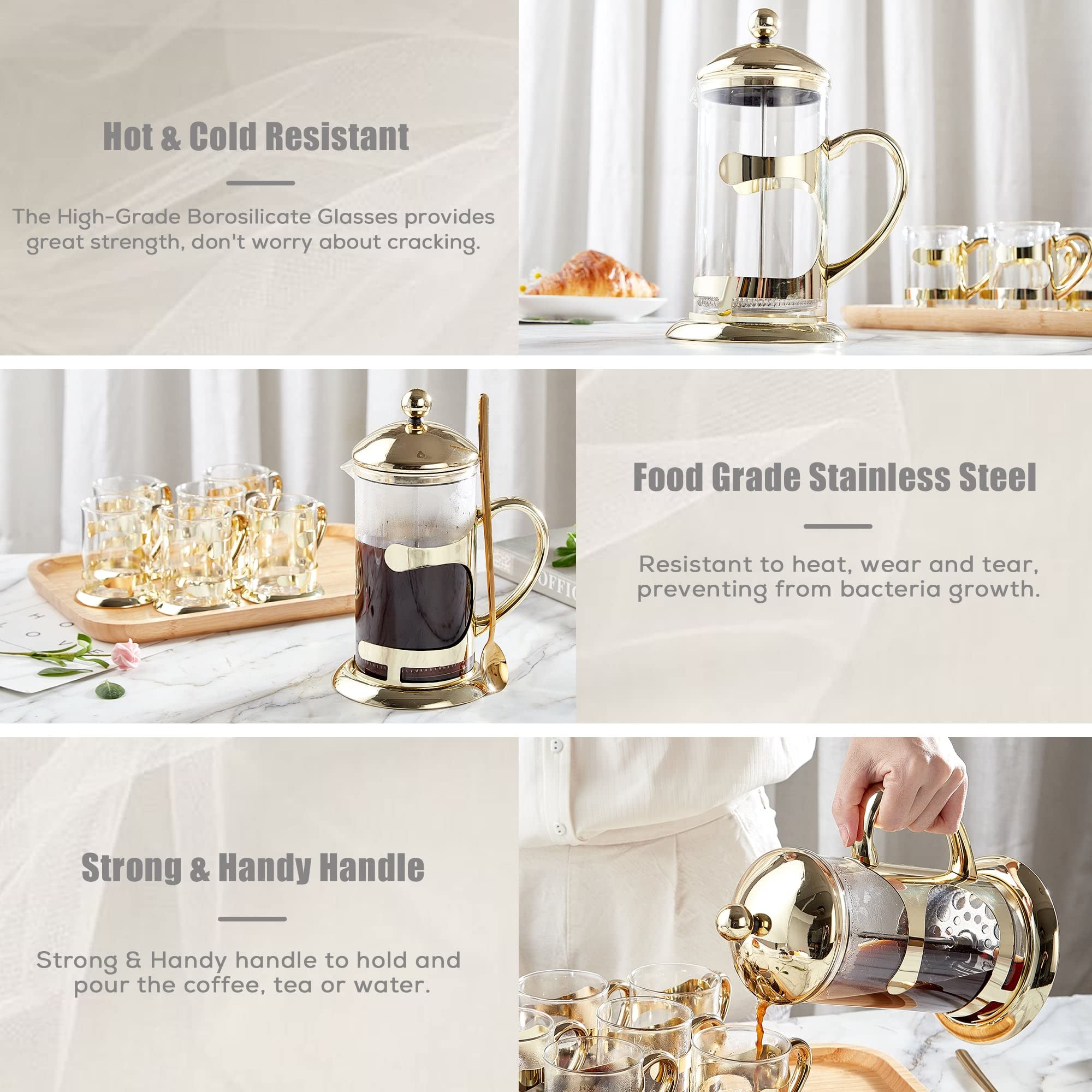 Dujust Gold French Press Coffee Maker, Luxury Design French Coffee Press With 4-Level Filter System, High-Grade Glass For Hot &