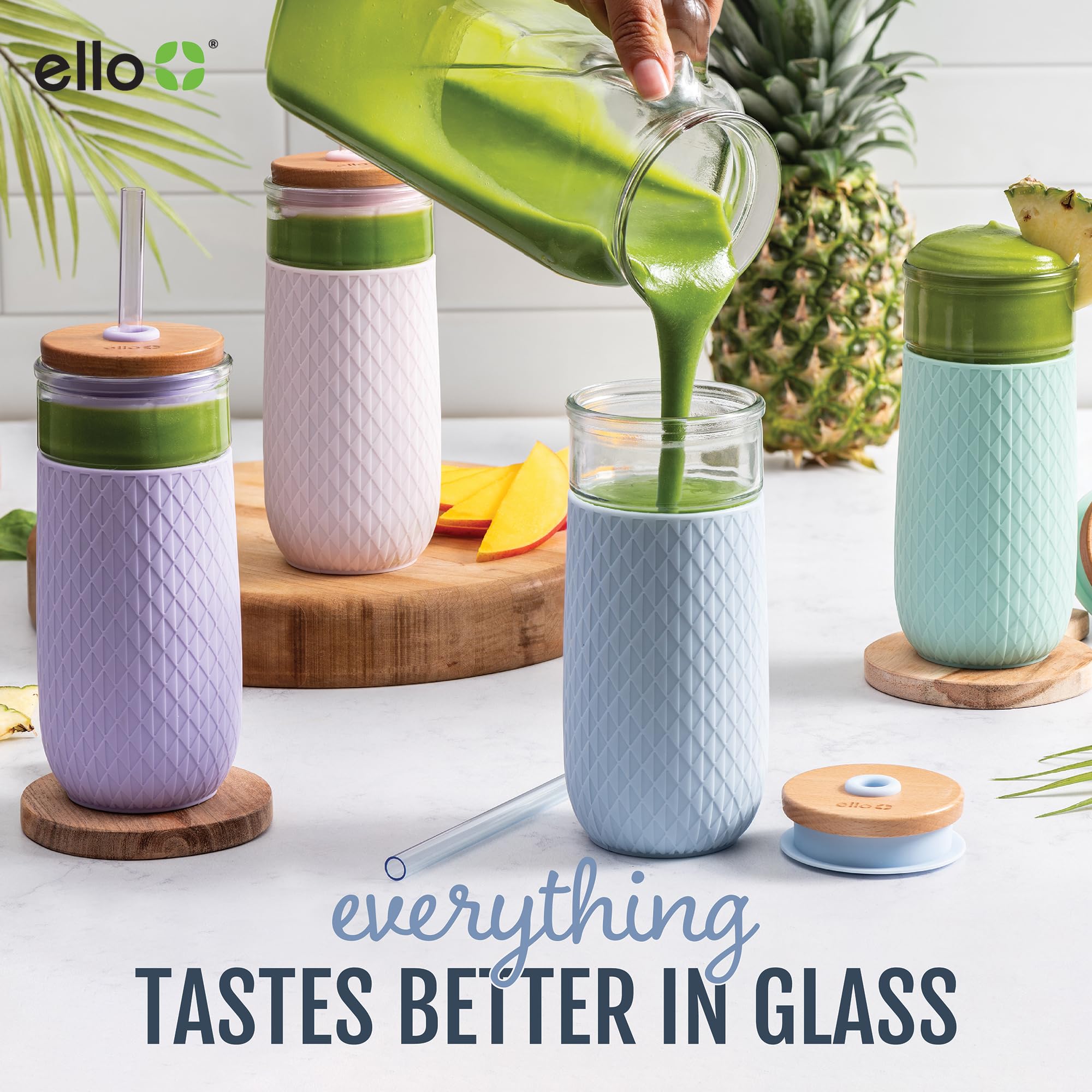 Ello Devon 18oz Glass Tumbler with Wooden Lid, Straw & Silicone Sleeve, Multicolor, BPA Free, Dishwasher Safe