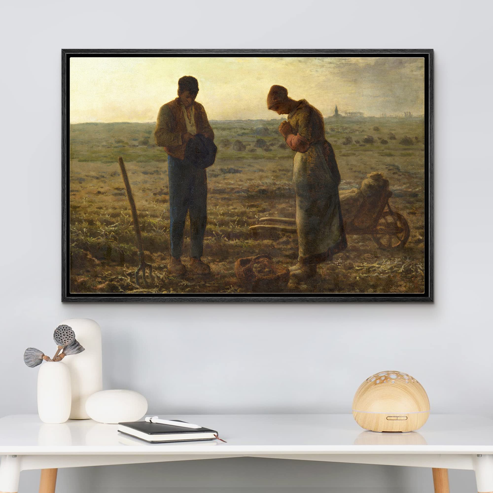 Wall26 - The Angelus By Jean-Francois Millet - Framed Canvas Print Wall Art Famous Painting Reproduction - 24''X36'' Black