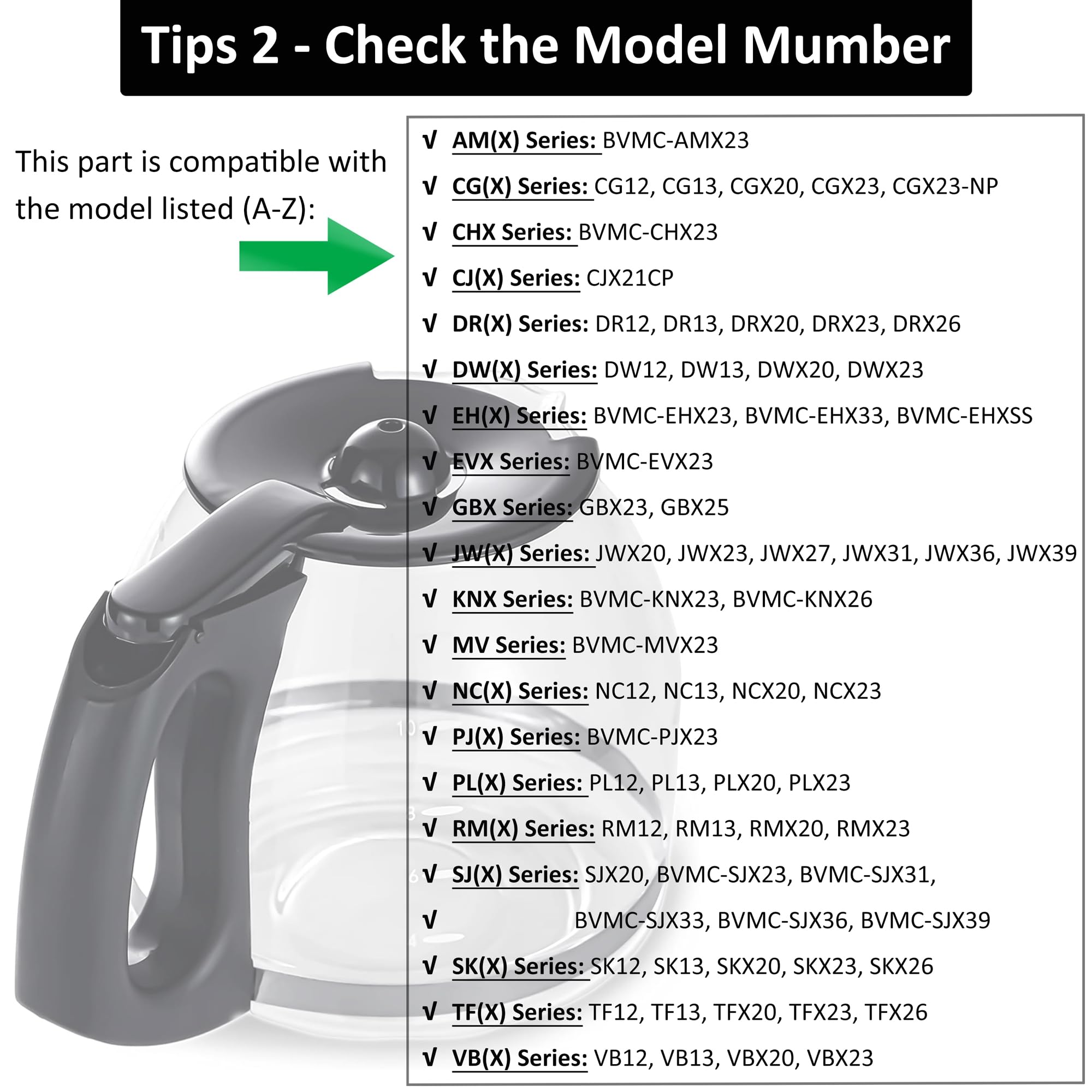 Besbarista 12-Cup Glass Replacement Carafe For Mr. Coffee Model #Sk12, Sk13, Ehx23, Jwx31, Sjx23, Sjx39 (Black, Replaces Pld12-R