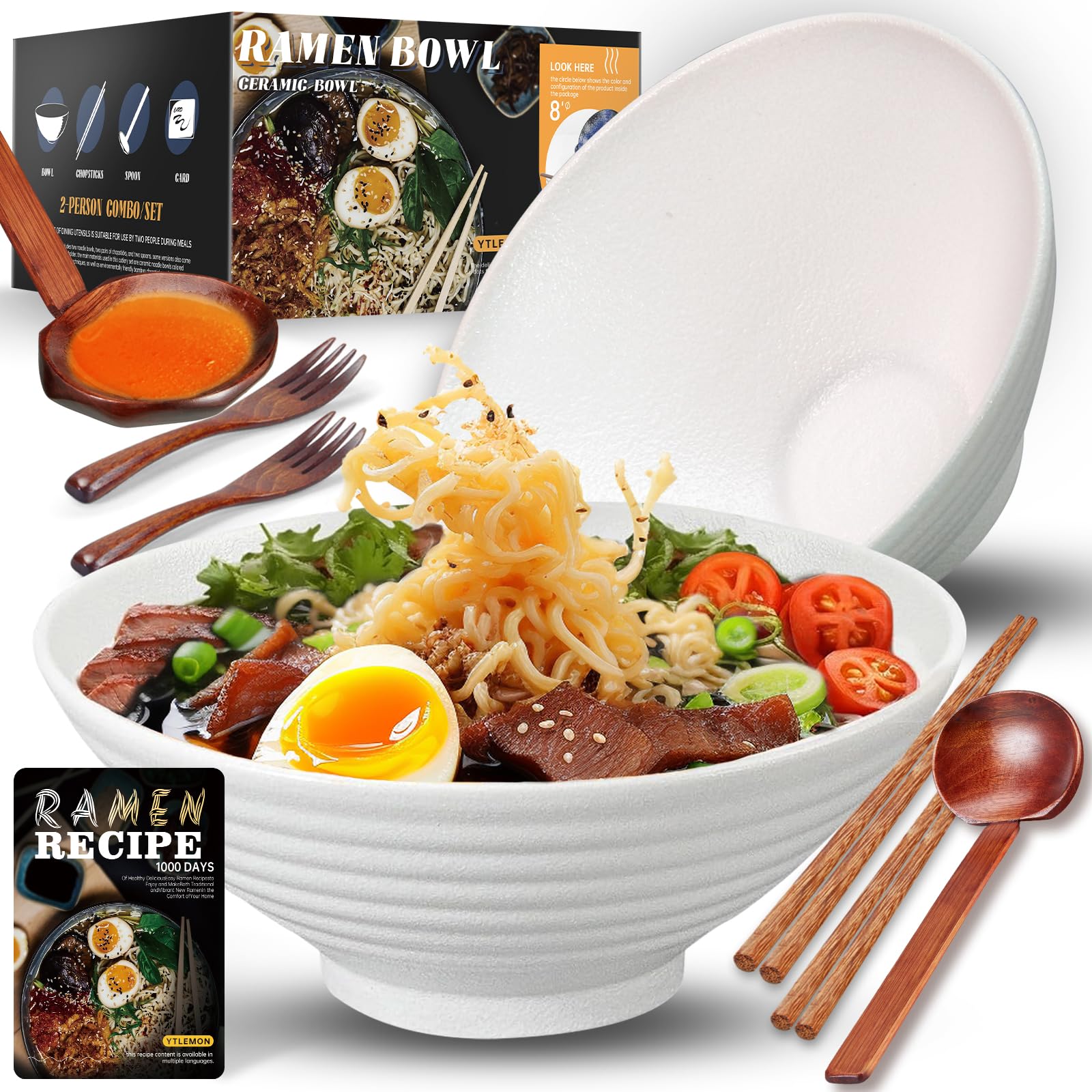 8-Inch Large Ceramic Ramen Bowl Set of 2 (9 Piece) - Microwave & Dishwasher Safe Porcelain Japanese Salad Noodles Cereal Fruit P