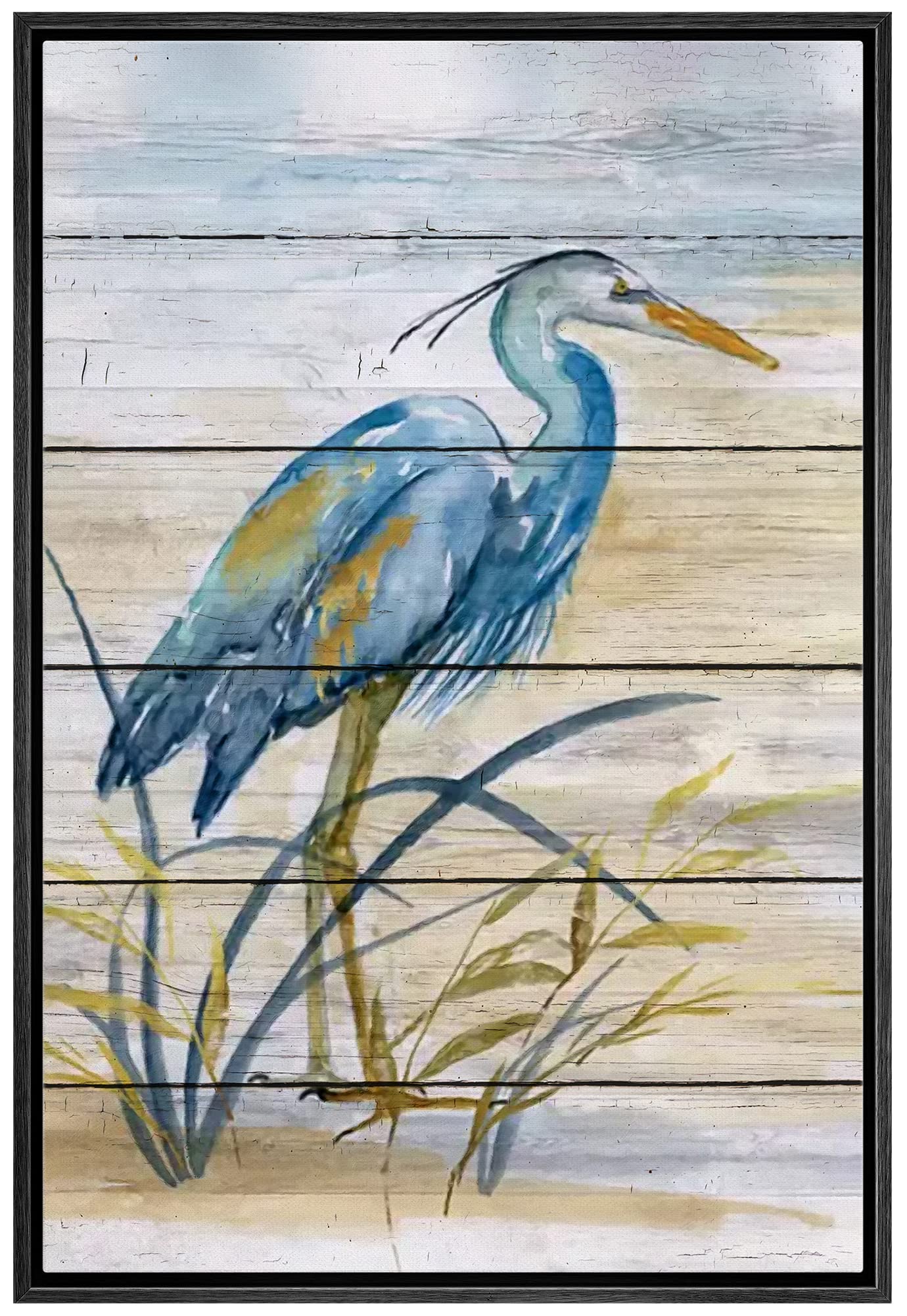 Wall26 Framed Canvas Print Wall Art Retro Wood Panel Blue Beach Crane Bird Nature Wilderness Illustrations Modern Art Decorative