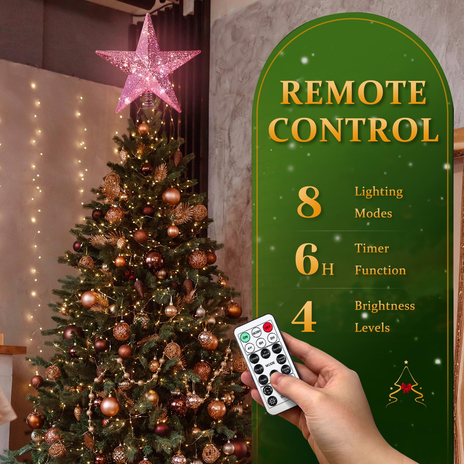 Christmas Tree Star Topper with Lights, 8.5-Inch Light-Up Christmas Tree Topper with Remote Control, 4 Brightness Levels & 8 Lig