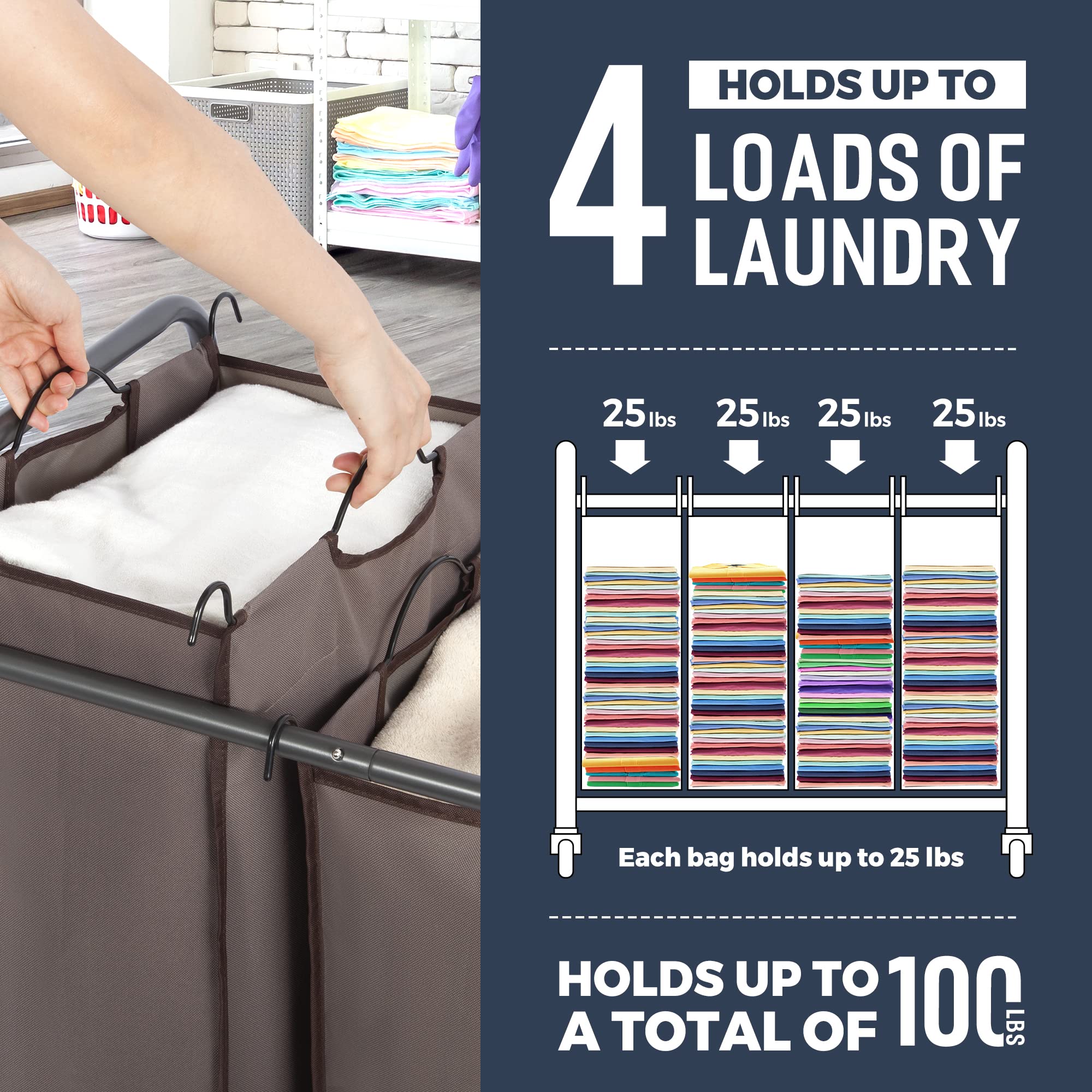 Sto Sto Laundry Sorter 4 Section, 4 Bag Laundry Hamper, Rolling Laundry Cart, Laundry Basket With Heavy Duty Lockable Wheels And