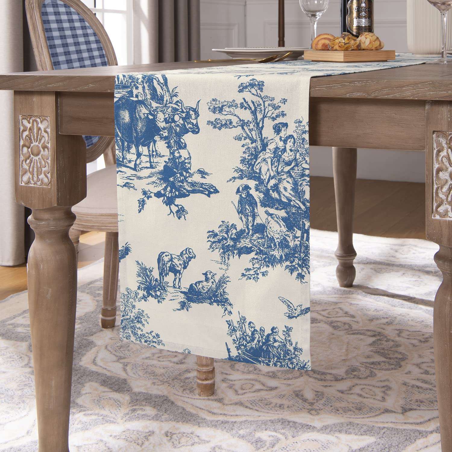 Toile Blue Table Runners 72 Inches Long for Coffee Kitchen Dining Room Table,French Country Grand Millennial Chinoiserie Decor F