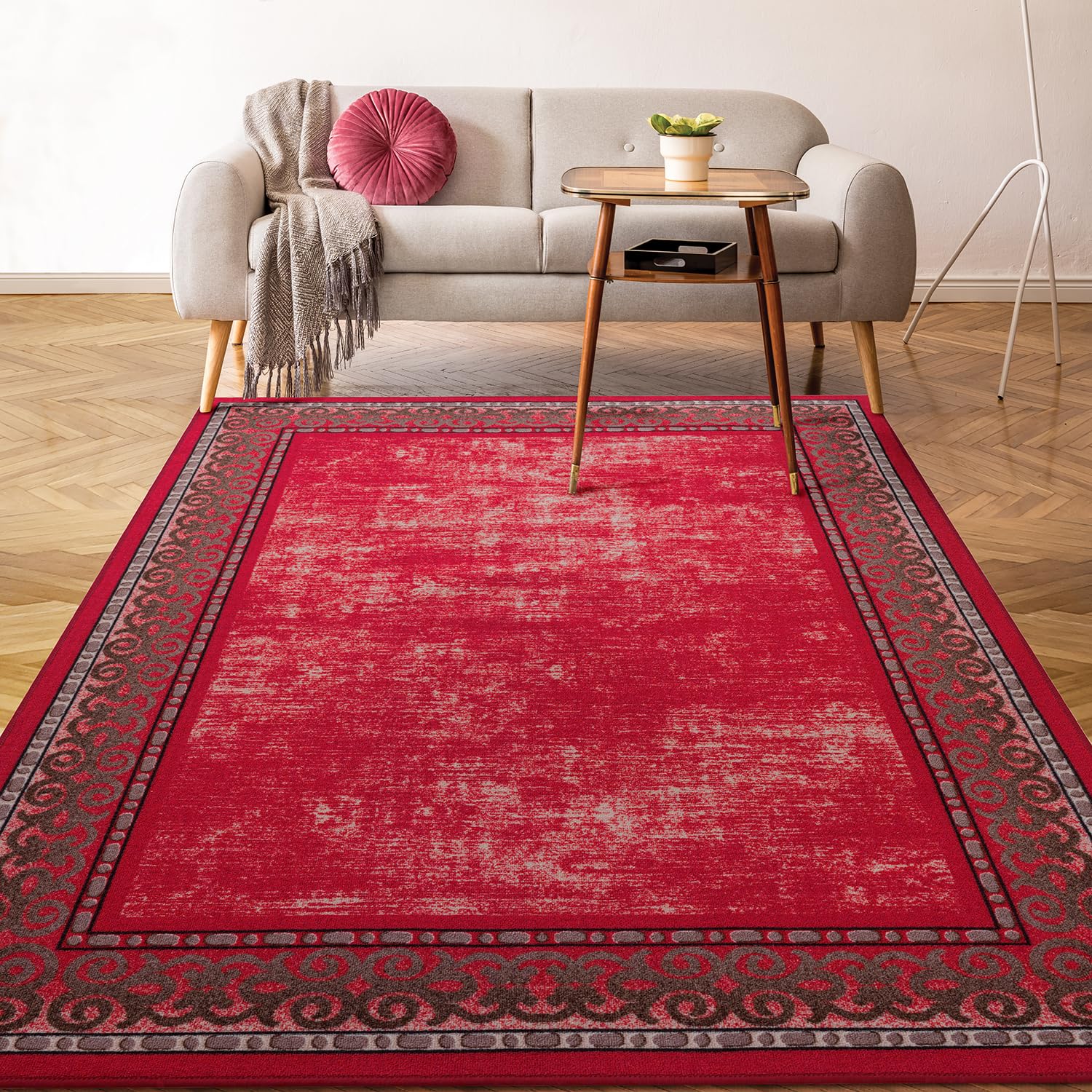 Antep Rugs Alfombras Bordered Modern 4x6 Non-Slip (Non-Skid) Low Pile Rubber Backing Indoor Area Rug (Red, 4 x 58)