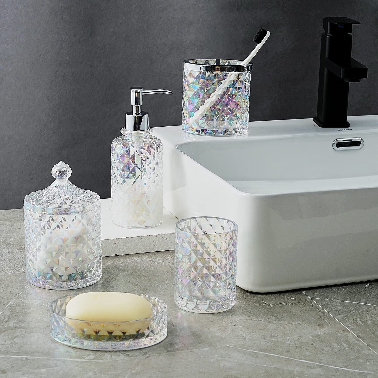 Set Of 5 Glass Bathroom Accessories Set Include Soap Dispenser & Tumbler & Soap Dish & Toothbrush Holder & Apothecary Jar(Luxuri