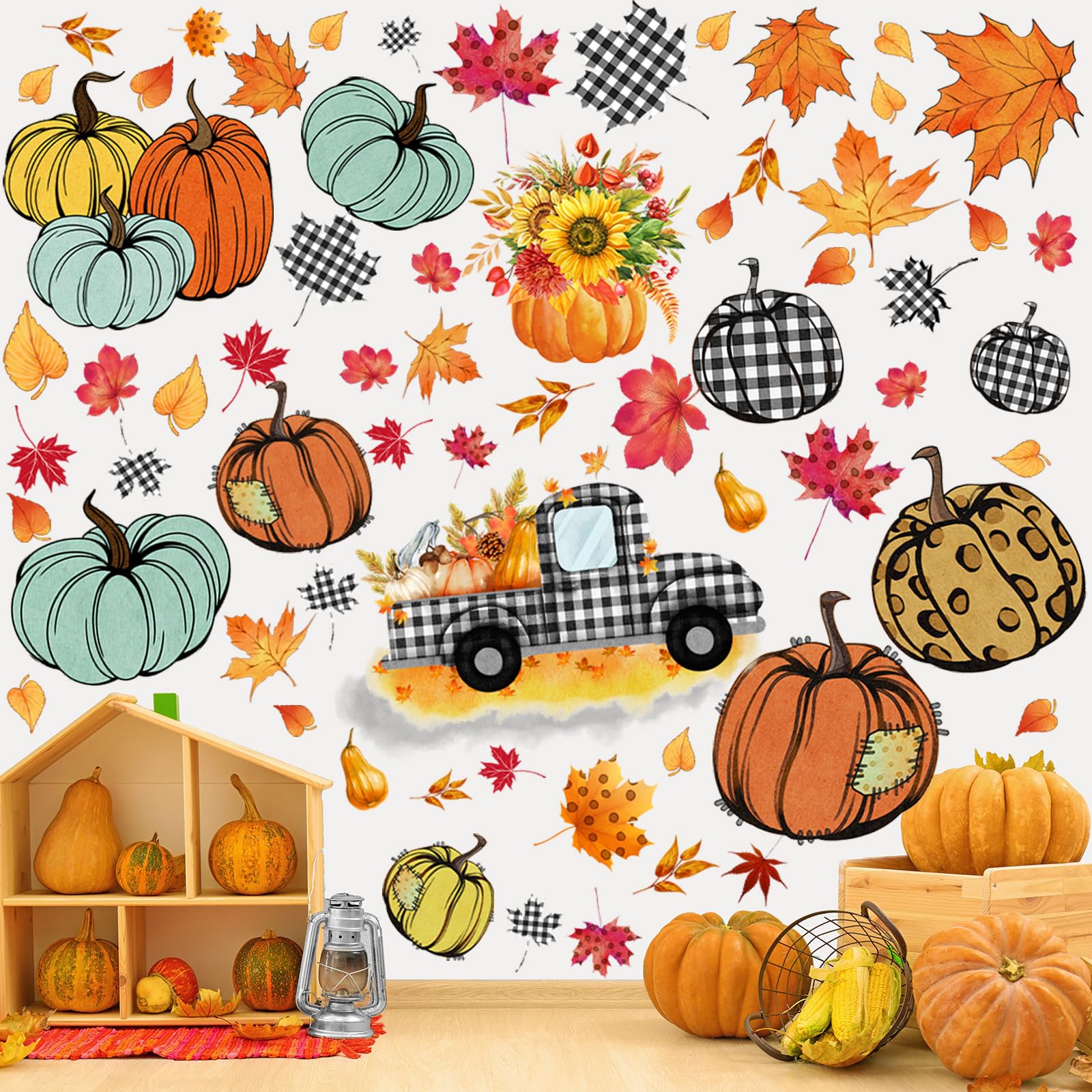 Chivertion 6 Sheets 42 Pcs Thanksgiving Pumpkin Wall Decal Fall Autumn Harvest Wall Decals Colorful Pumpkin Sunflower Truck Leav
