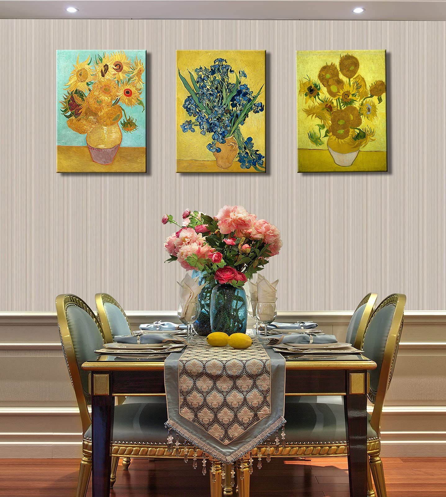3 Panel Sunflower And Irises By Vincent Van Gogh Oil Paintings Reproduction Modern Floral Giclee Canvas Prints Artwork Flowers P