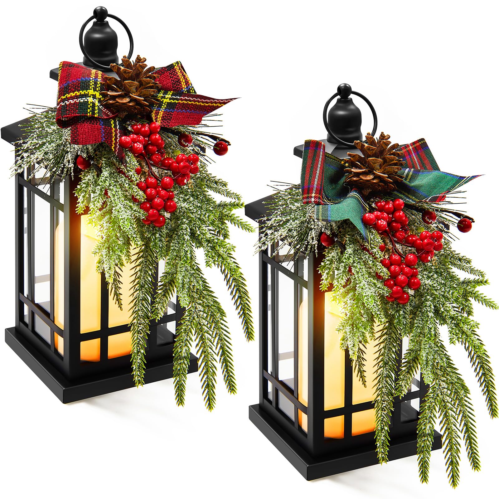 ROCEEI 2 Set Christmas Decorative Lantern Porch Decorations with LED Flickering Flameless Candle 14 Inch Vintage Hanging Lantern