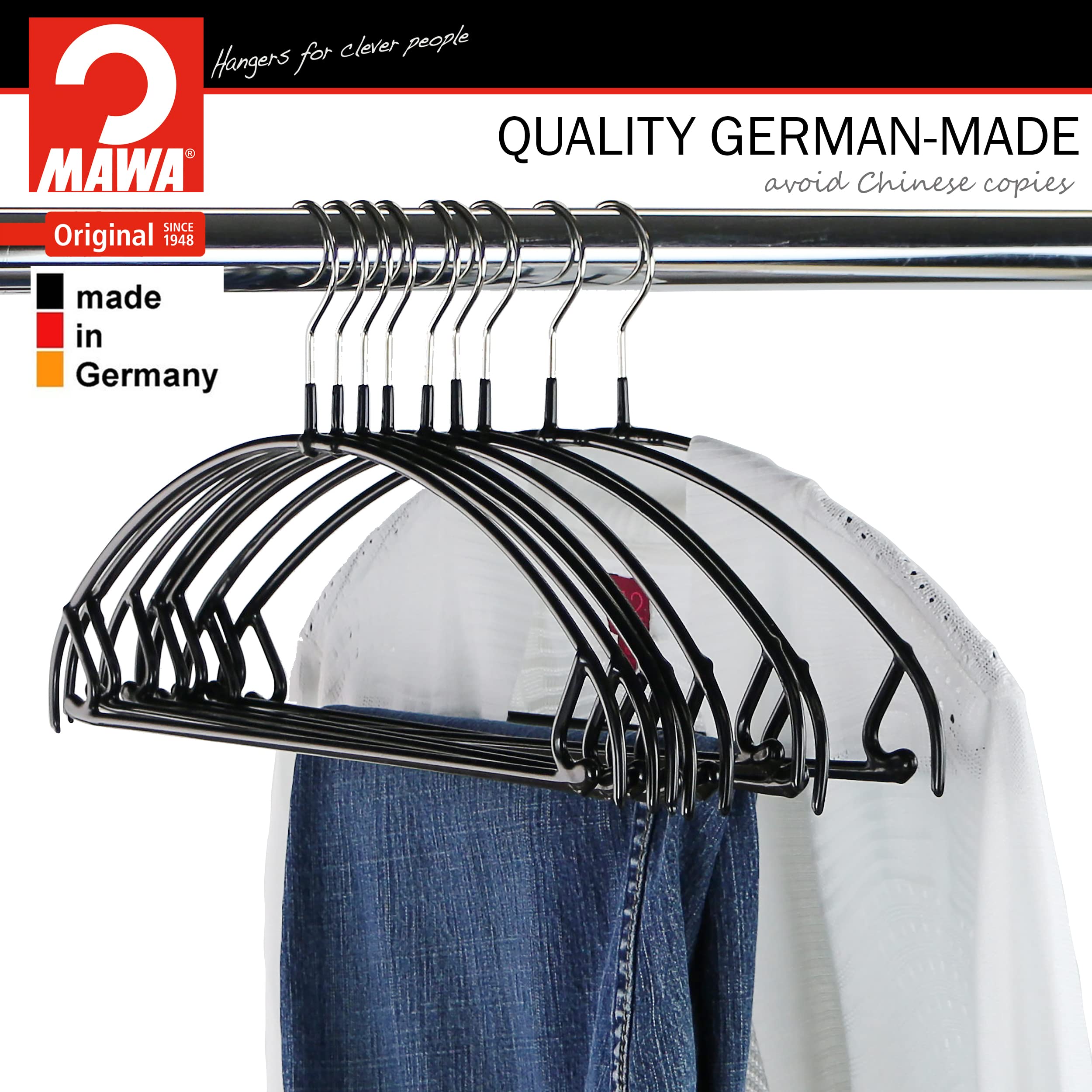Mawa by Reston Lloyd Euro Ultra Light/Thin Series  Non-Slip Space-Saving Clothes Hanger with Bar & Hooks for Pants and Skirts  Style 42/PTU  Set of 10  Black