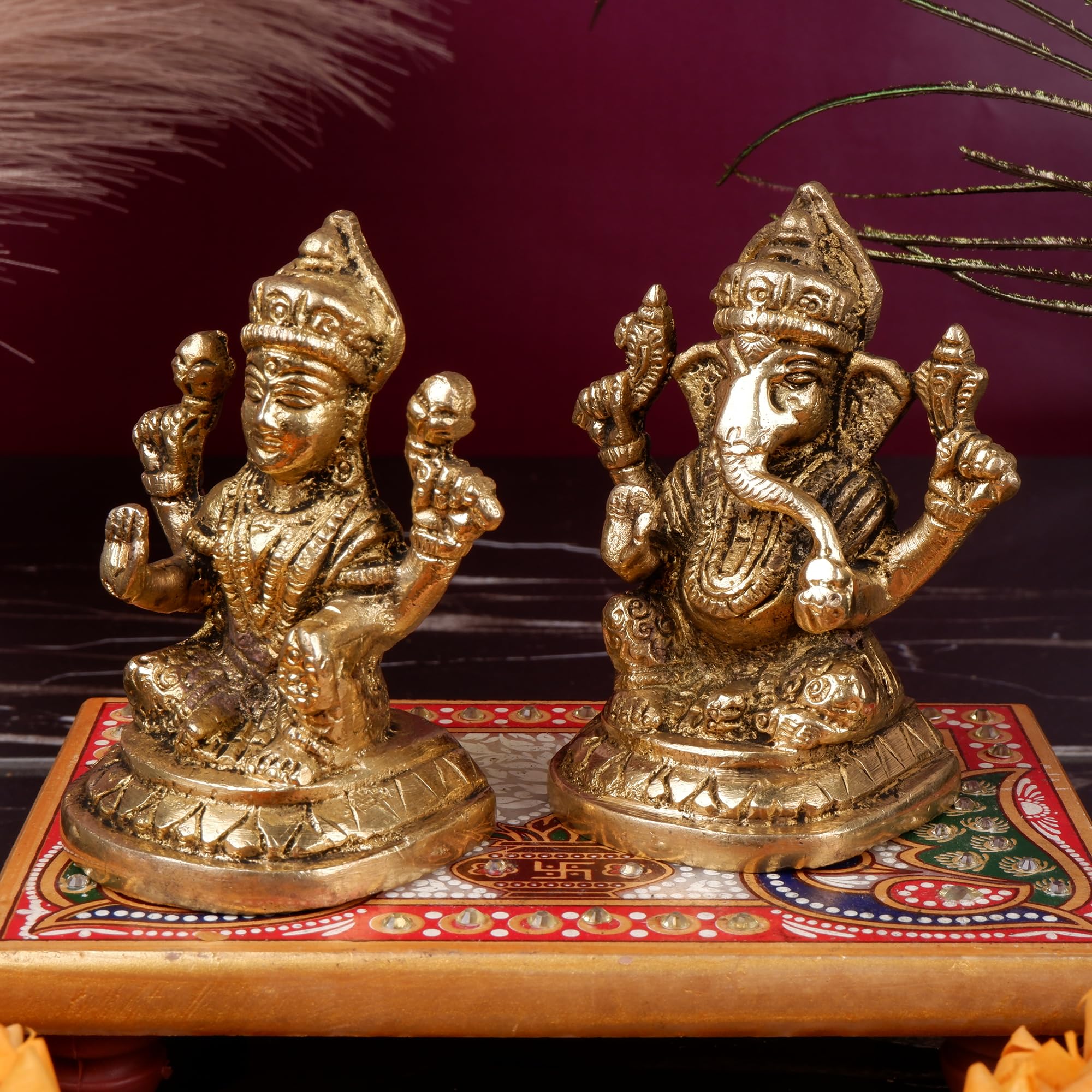 Shoppingrox Lakshmi Ganesh Set 9 Cm Religious Idol & Figurine Brass Metal Yellow Colour