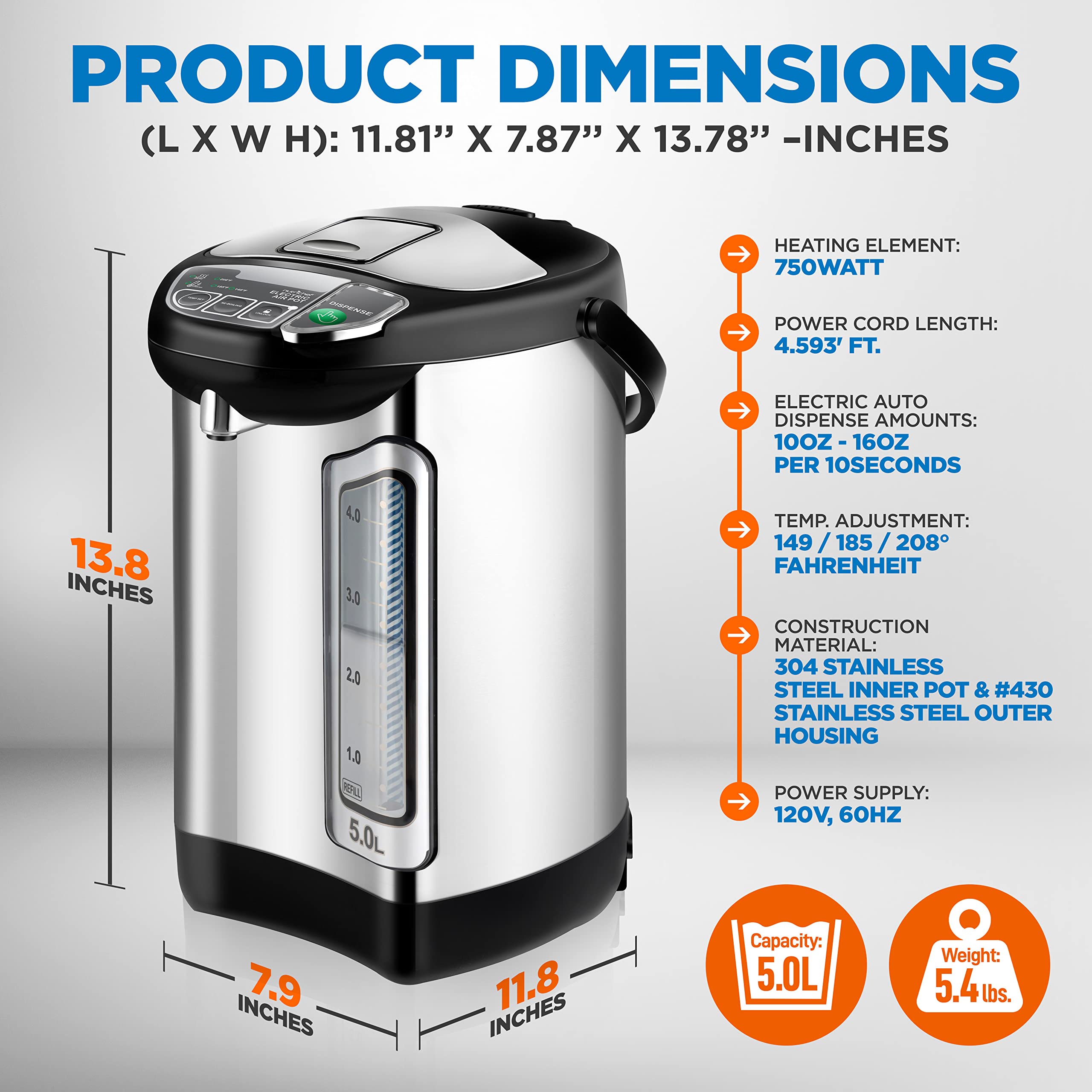 Nutrichef Electric Water Boiler And Warmer - 5L/5.28 Qt Stainless Steel Hot Water Dispenser W/Rotating Base, Keep Warm Temperatu