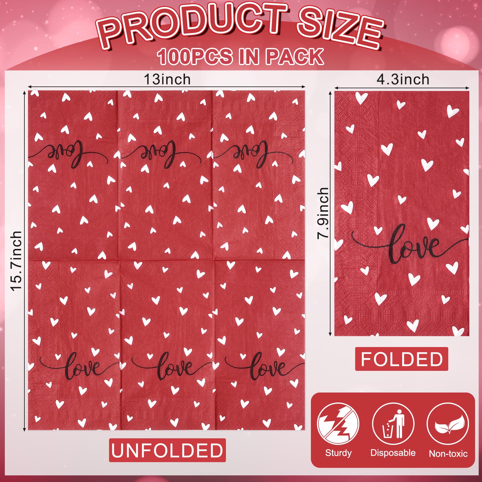 100Pcs Valentines Day Napkins Decorations,Disposable Red Heart Love Sign Paper Dinner Guest Hand Towel Napkins For Valentines Da