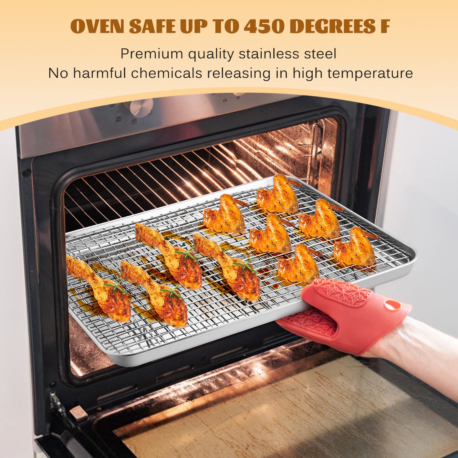 Stainless Steel Baking Sheet With Rack Set, E-Far 16   X12    Cookie Sheet Pan For Oven, Rimmed Metal Tray With Wire Cooling Rac