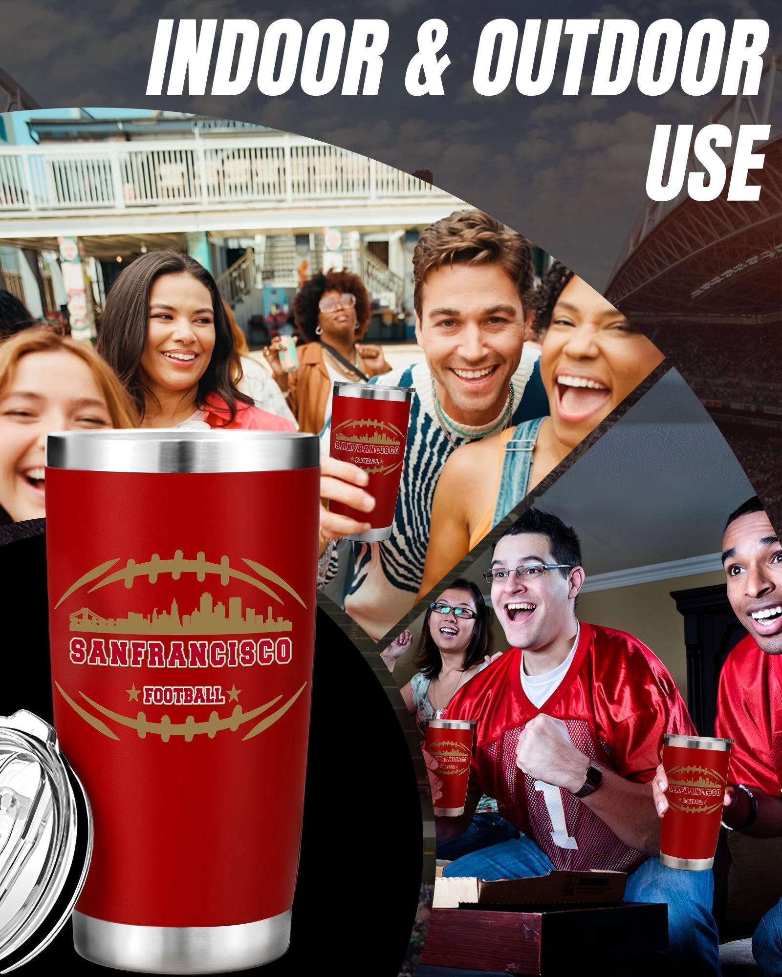 Football Fan 20 Oz Insulated Travel Coffee Cup Mug Tumbler with Lid San Francisco Themed Merch Shop Men Women Sport Stuff Gear A