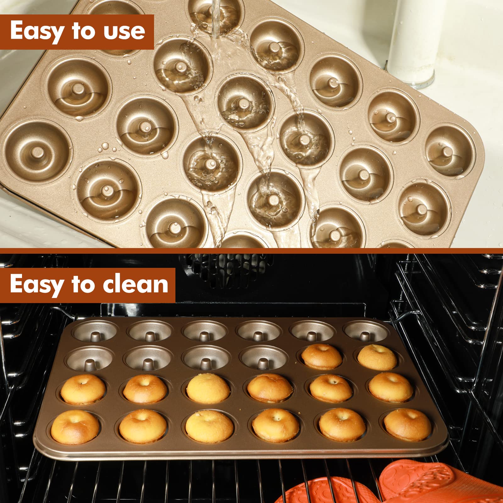 Webake Mini Donut Pan Non-Stick 24-Cavity Small Donut Tray Heavy Gauge Bite Size Inch Doughnut Pans For Baking