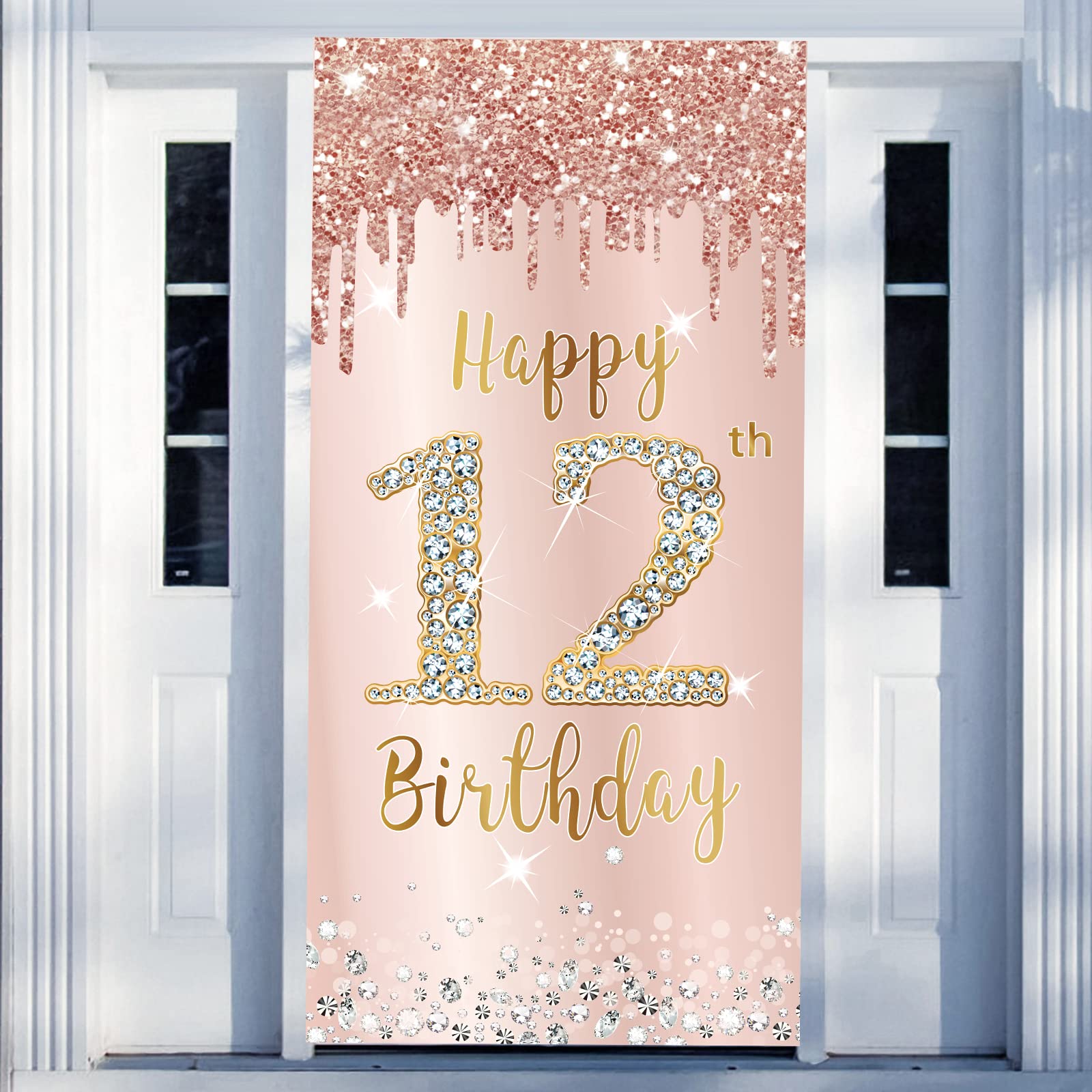 12Th Birthday Door Banner Decorations For Girls, Pink Rose Gold Happy 12 Birthday Sign Door Cover Backdrop Party Supplies, Large