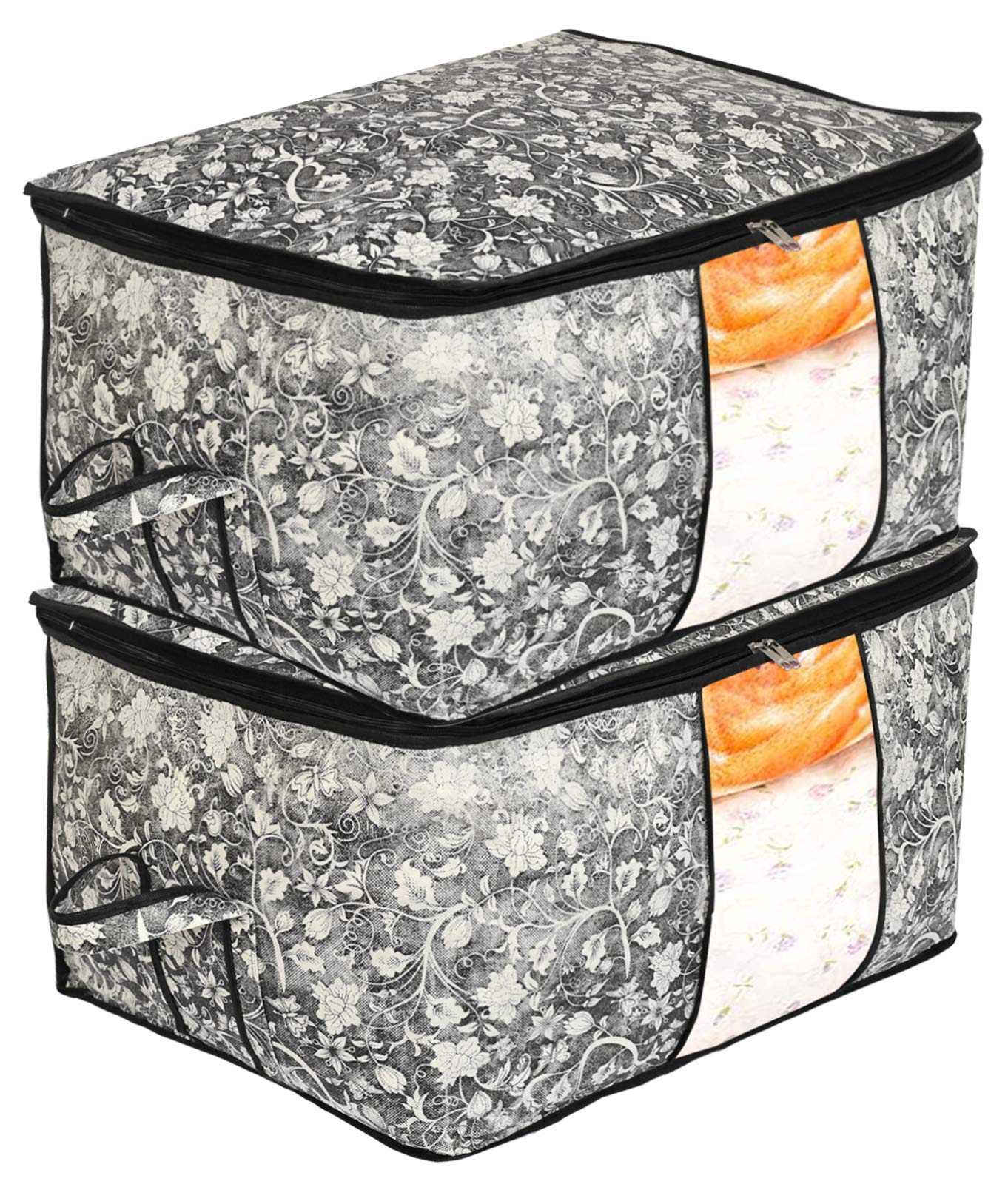 Kuber Industries Metalic Flower Print Non Woven 2 Pieces Underbed Storage Bag,Cloth Organiser,Blanket Cover With Transparent Win