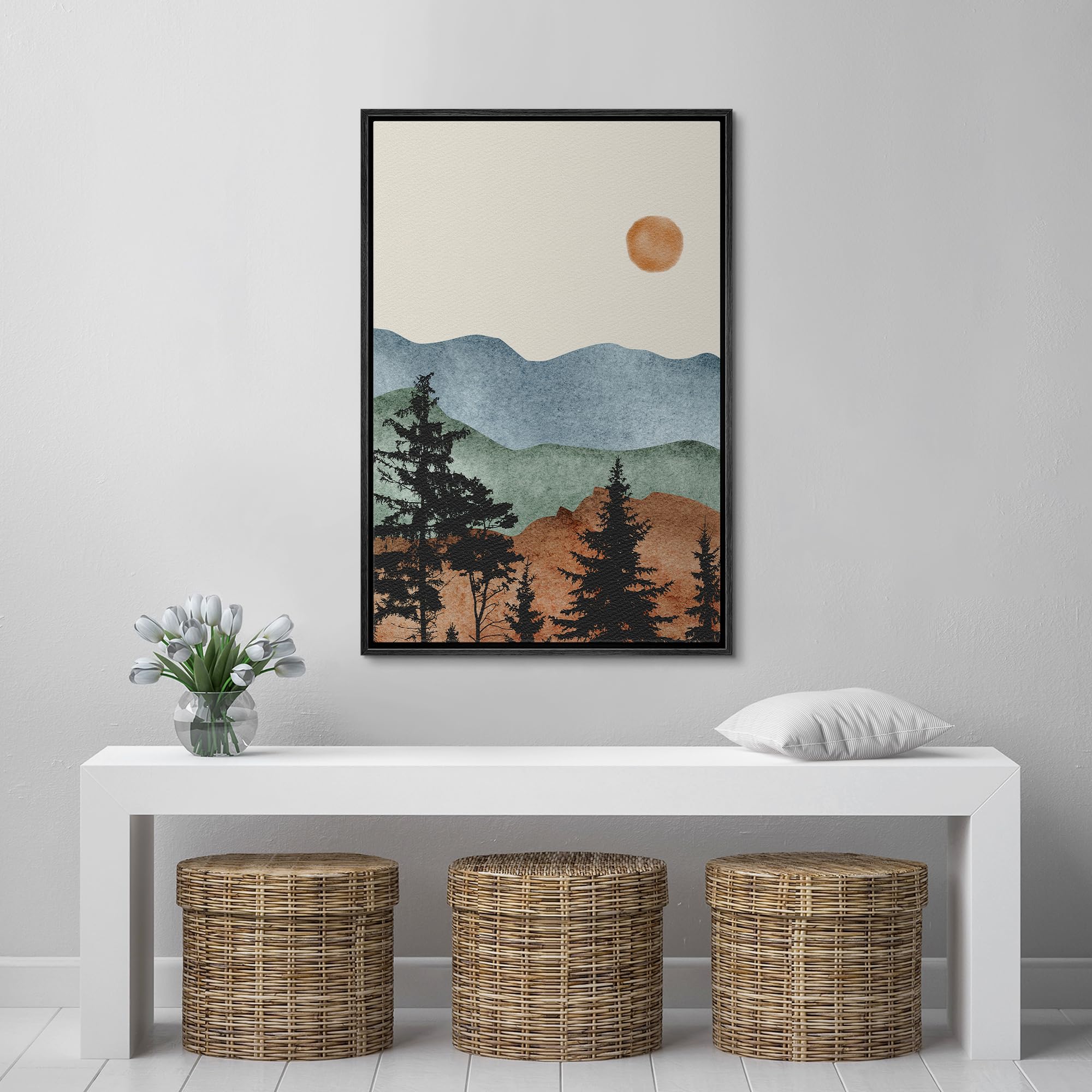 Signford Framed Canvas Print Wall Art Mountain Landscape With Trees And Setting Sun Nature Wilderness Illustrations Modern Art D
