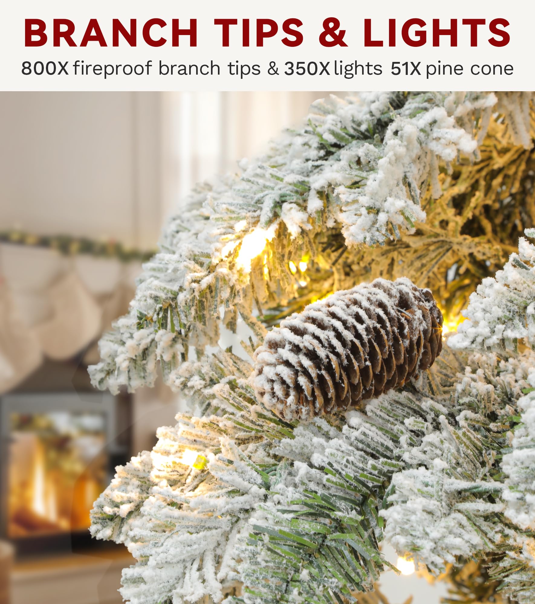 DWVO Pre-Lit Flocked Slender Spruce Artificial Christmas Tree Adorned with 72 Pine Cones, 11 FT Authentic Layered Christmas Tree