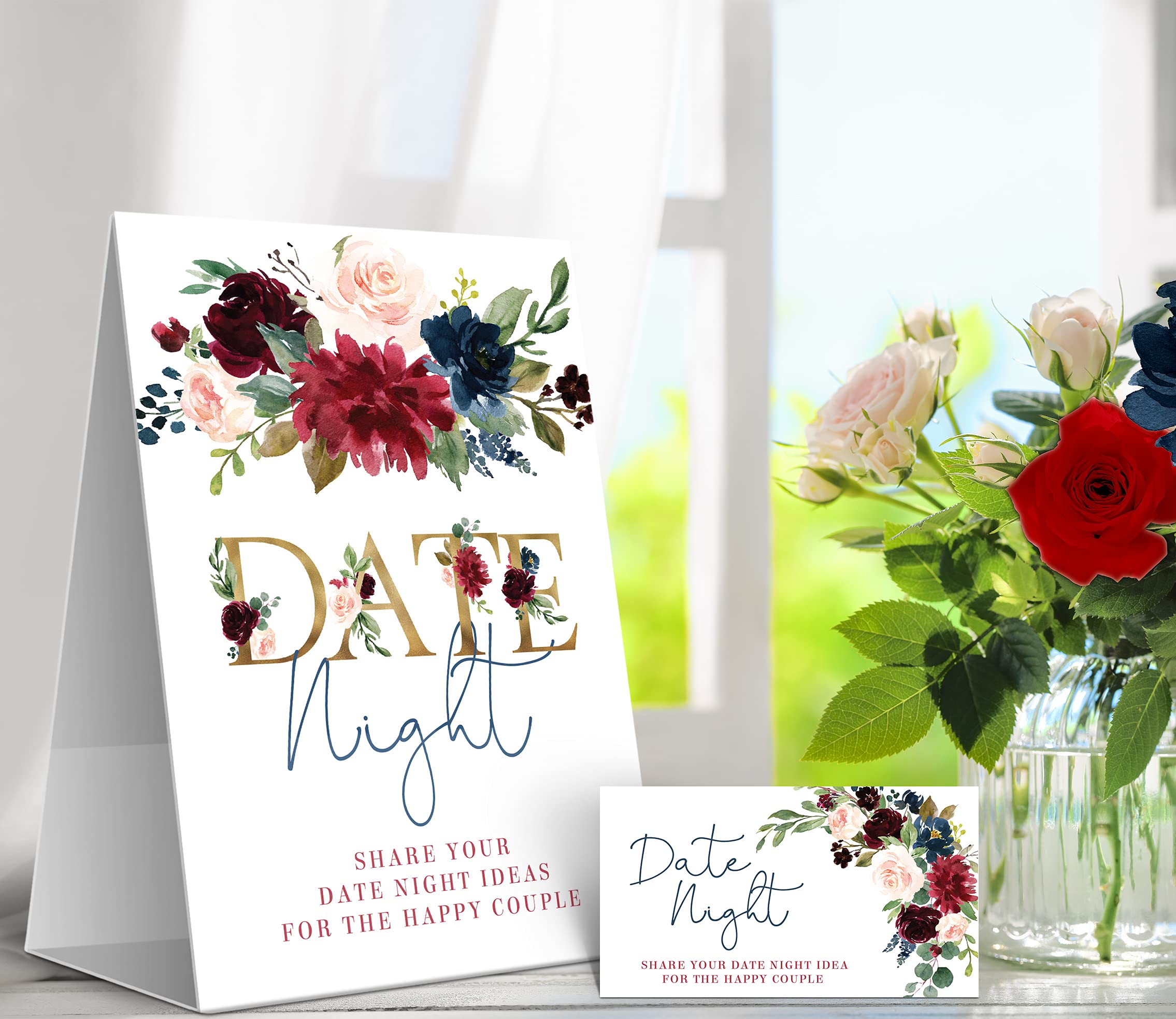 Your Main Event Prints Burgundy And Navy Floral Date Night Game Sign And Cards - Great For Bridal Showers And Weddings - 1 Self-